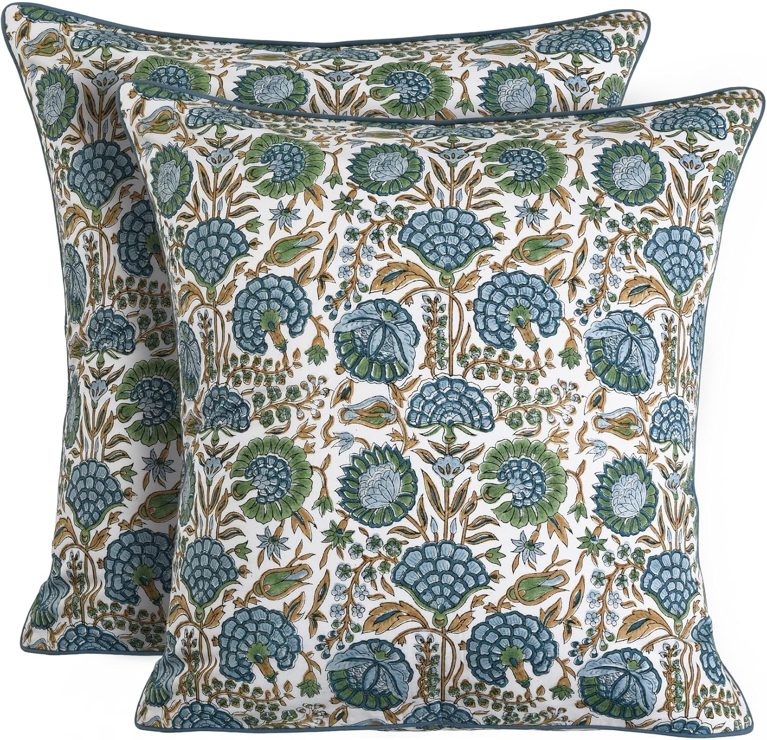 Ridhi Block Print Asparagus Green Pillow Cover 20" x 20" (Pack of 2) Decorative Couch Pillows for Living Room, Farmhouse Chic Boho Cute Outdoor Pillows Covers Gifts for Spring, Mother's Day