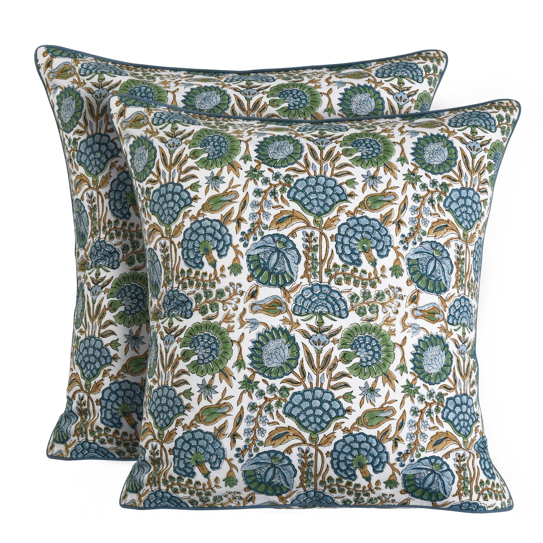 Ridhi Block Print Asparagus Green Pillow Cover 20" x 20" (Pack of 2) Decorative Couch Pillows for Living Room, Farmhouse Chic Boho Cute Outdoor Pillows Covers Gifts for Spring, Mother's Day
