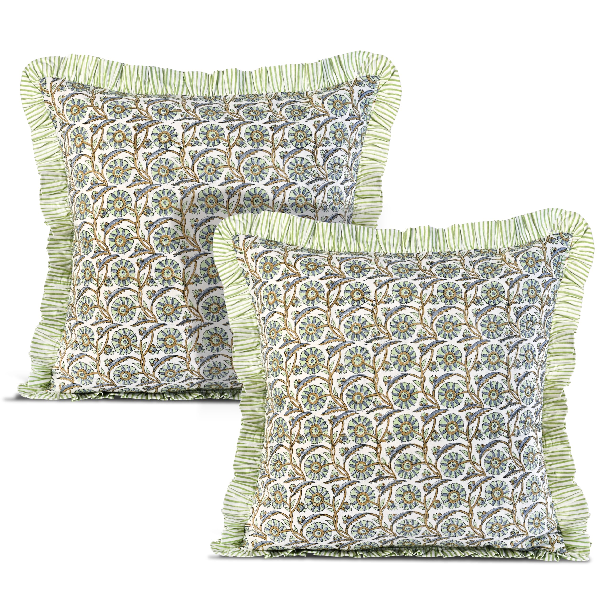 Ridhi Block Print Light Steel Blue Throw Pillow Cover 18" x 18" (Pack of 2) Decorative Cushion Covers with Ruffle for Couch, Sofa, Bed, Living Room, Home Decor Gift for Spring, Easter, Valentine