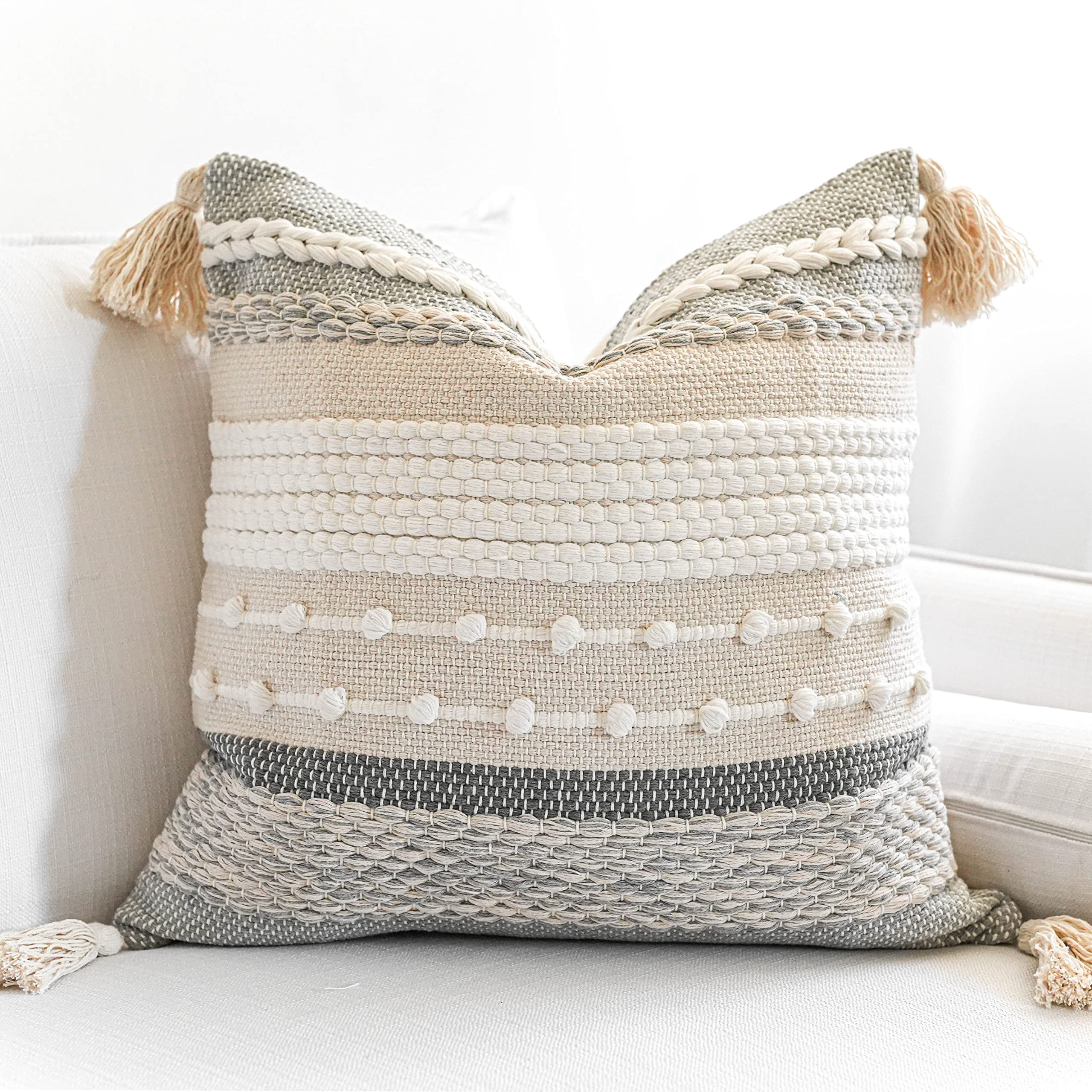 BlissBlush Coastal Blue Boho Decorative Throw Pillow Cover 22x22 Modern Bohemian Accent Pillow Case Square Woven Textured Farmhouse Pillows for Couch Bed (Pack of 1)