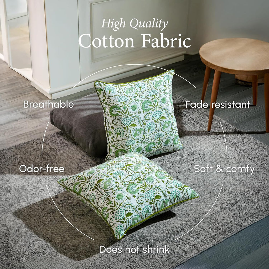 CPC 100% Cotton Throw Pillow Covers 20x20 Inch, Set of 2 Green Block Print Pattern Couch Pillow, Cute Boho Decorative Pillows for Living Room, Bedroom with Hidden Zipper- Agate Green