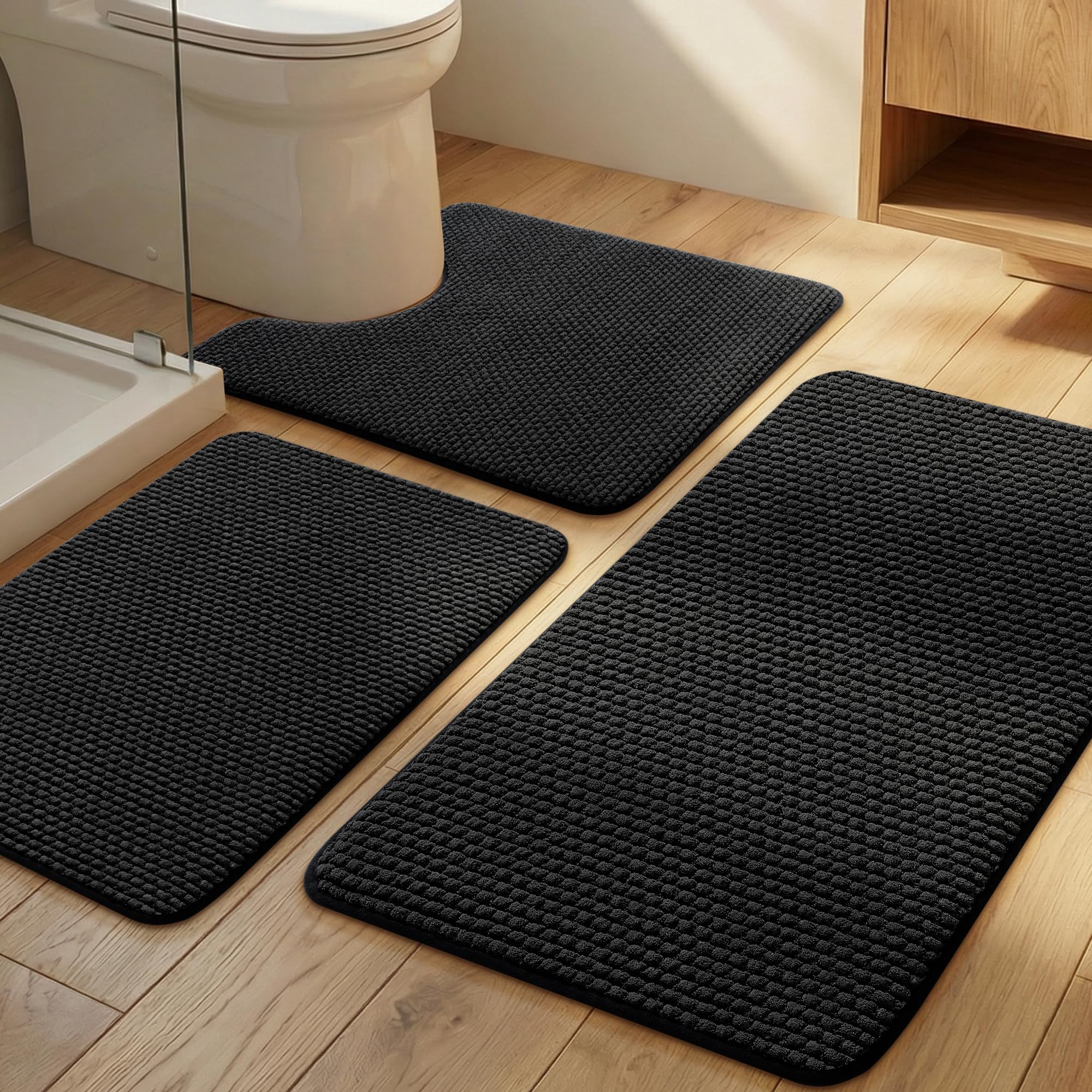 YIHOUSE Bathroom Rugs Set 5 Piece, Extra Soft Absorbent Chenille Bath Mats & U-Shaped Contour Toilet Rug, Non Slip Machine Washable Bath Mat for Shower Tub Sink, Beige