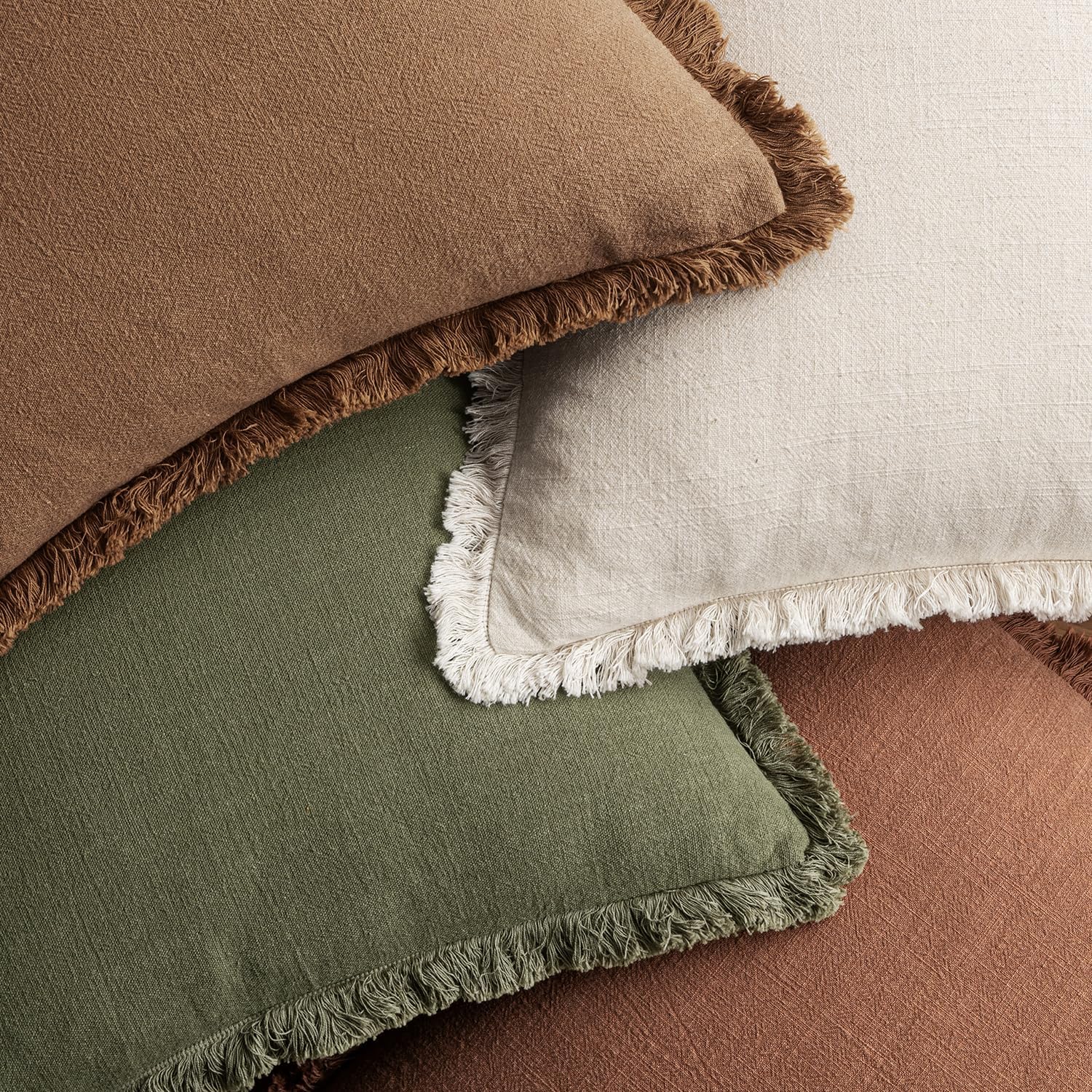 MIULEE Decorative Couch Pillow Covers Neutral Linen Fringe Throw Pillows Set of 4 Soft Rustic Cushions Boho Farmhouse Pillowcases for Bed Sofa Living Room Spring Decor 20x20 Inch Beige/Brown/Green