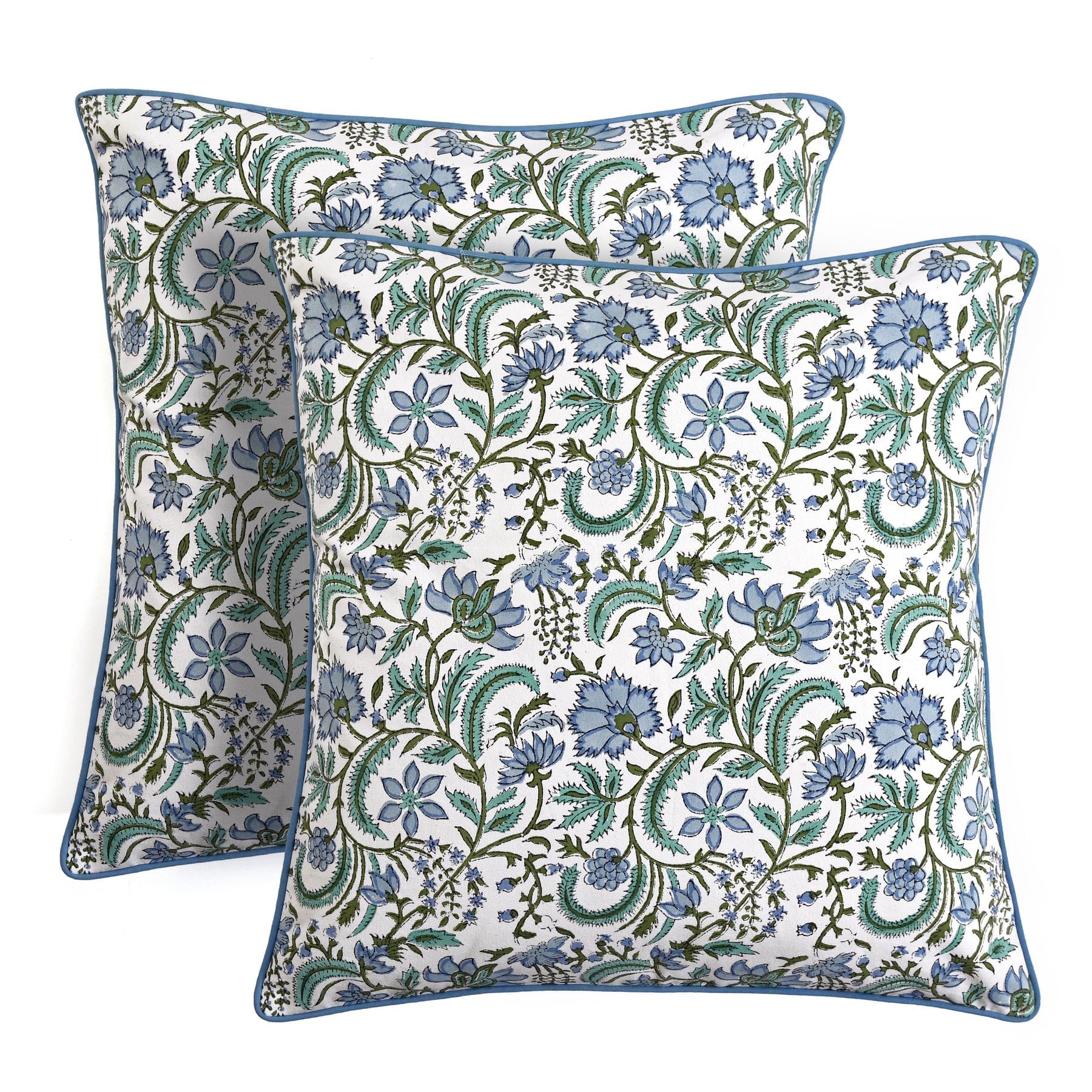 Ridhi Block Print Asparagus Green Pillow Cover 20" x 20" (Pack of 2) Decorative Couch Pillows for Living Room, Farmhouse Chic Boho Cute Outdoor Pillows Covers Gifts for Spring, Mother's Day