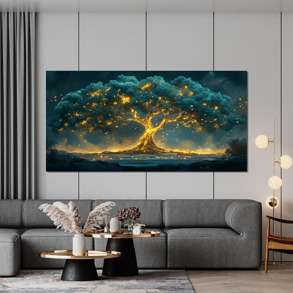29"X58" Tree of Life Canvas Print, Green Gold Artwork for Home Wall Decoration