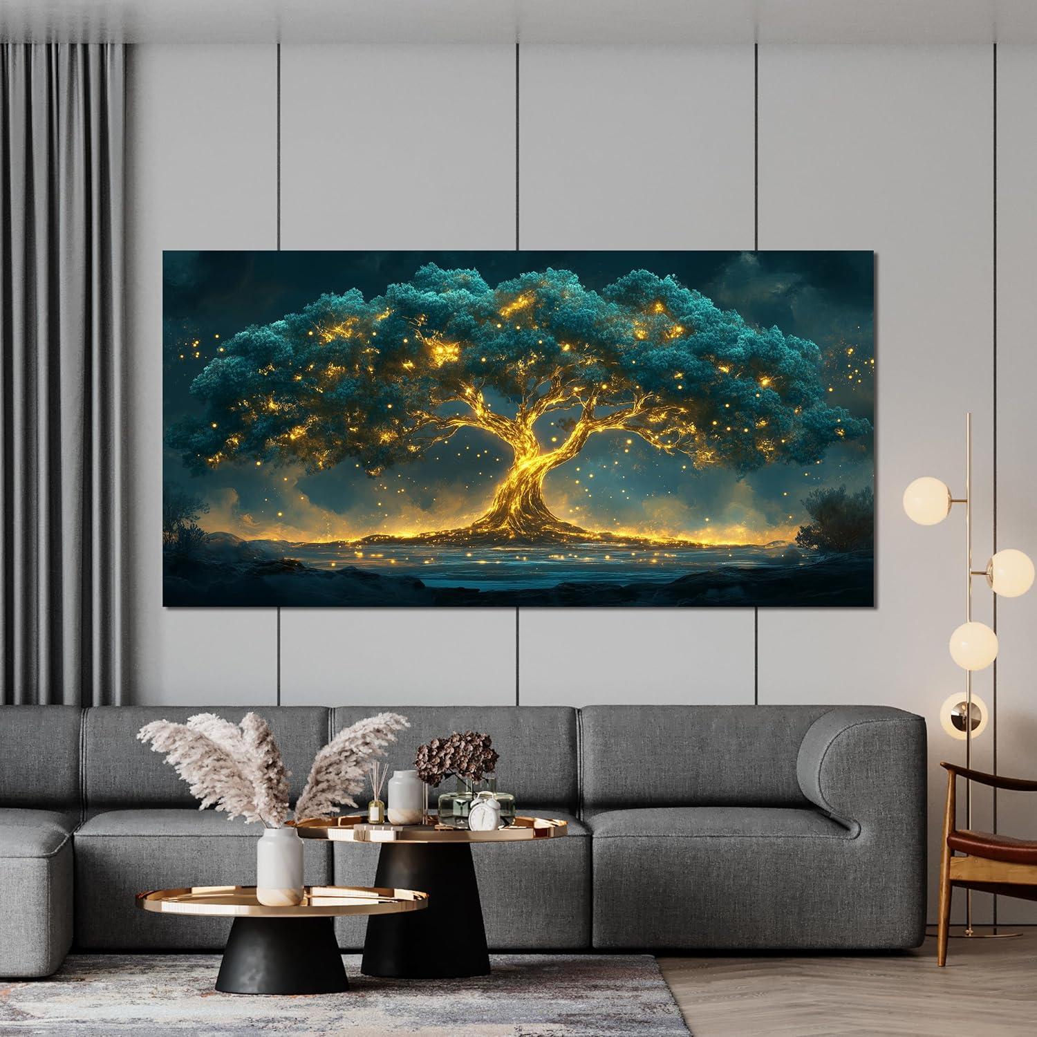 29"X58" Tree of Life Canvas Print, Green Gold Artwork for Home Wall Decoration