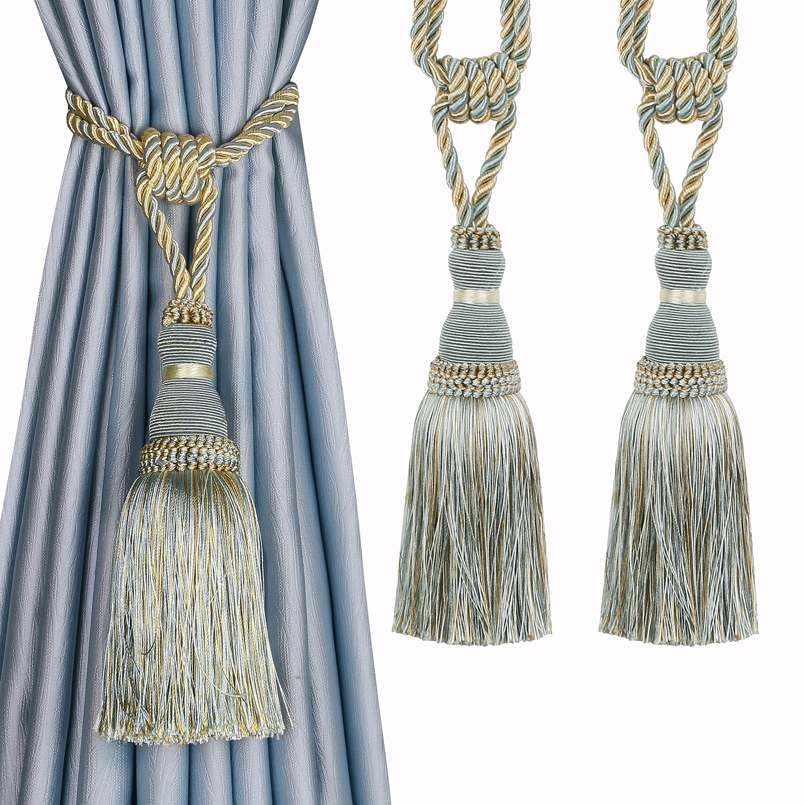BEL AVENIR 2 Pack Curtain Tiebacks Tassel Drapery Tie-Backs Rope Handmade Holdbacks Home Office Hotel Decorative (Gold, 4 Pack)
