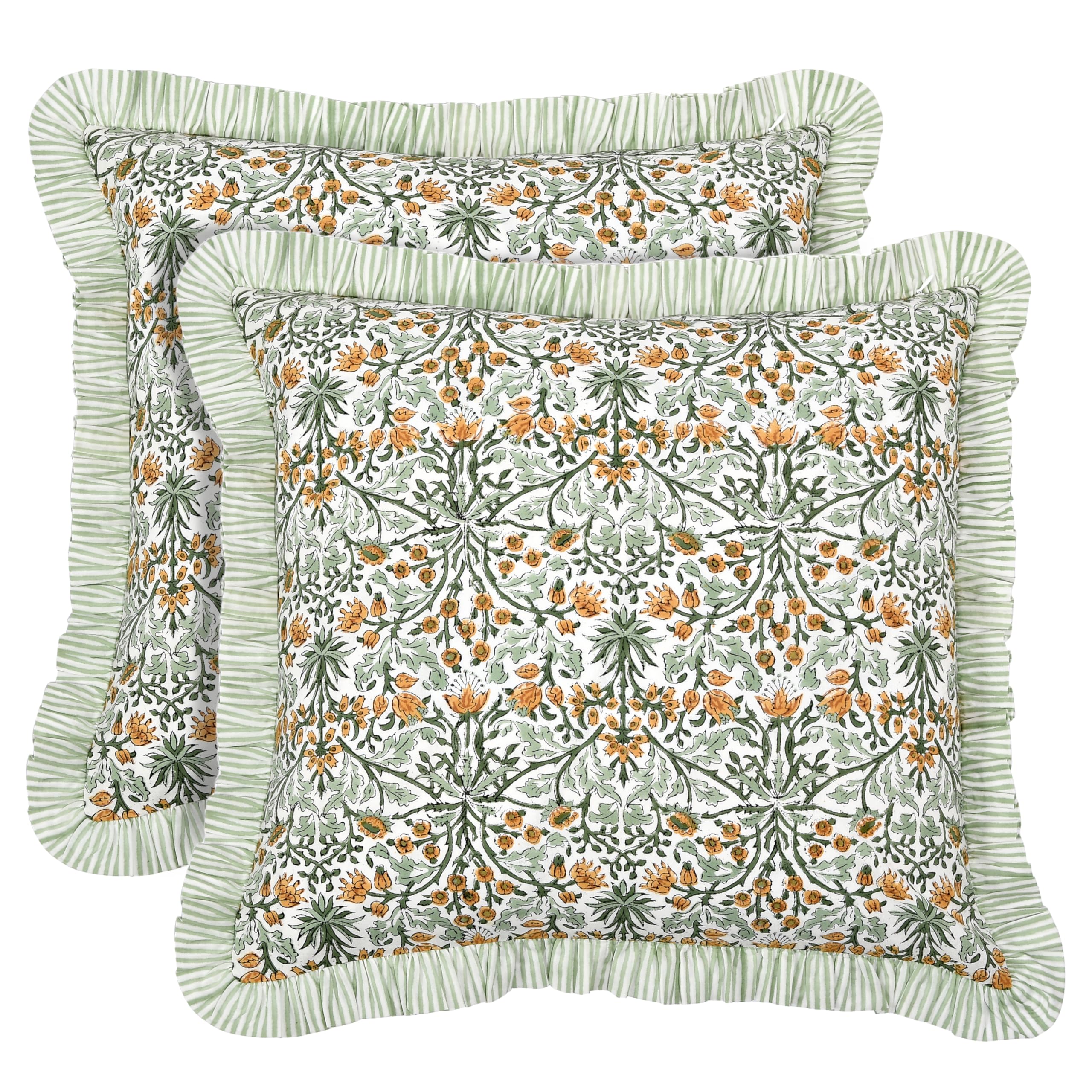 Ridhi Block Print Light Steel Blue Throw Pillow Cover 18" x 18" (Pack of 2) Decorative Cushion Covers with Ruffle for Couch, Sofa, Bed, Living Room, Home Decor Gift for Spring, Easter, Valentine