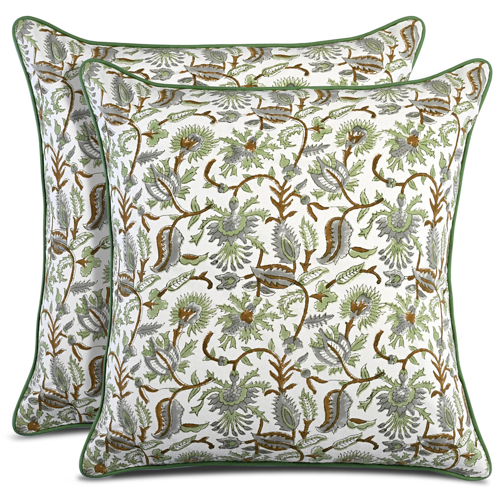 CPC 100% Cotton Throw Pillow Covers 20x20 Inch, Set of 2 Green Block Print Pattern Couch Pillow, Cute Boho Decorative Pillows for Living Room, Bedroom with Hidden Zipper- Royal Blue