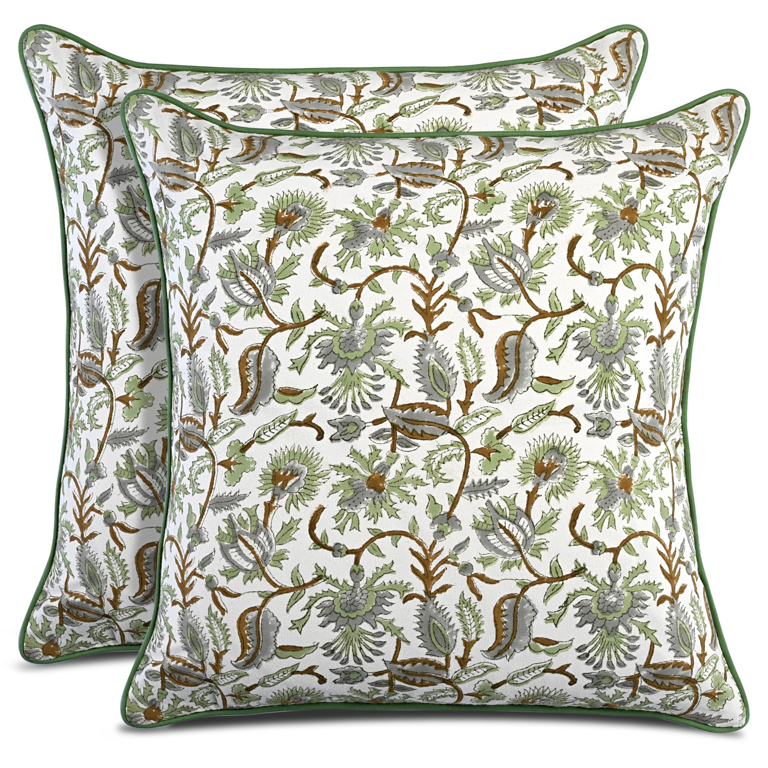CPC 100% Cotton Throw Pillow Covers 20x20 Inch, Set of 2 Green Block Print Pattern Couch Pillow, Cute Boho Decorative Pillows for Living Room, Bedroom with Hidden Zipper- Royal Blue