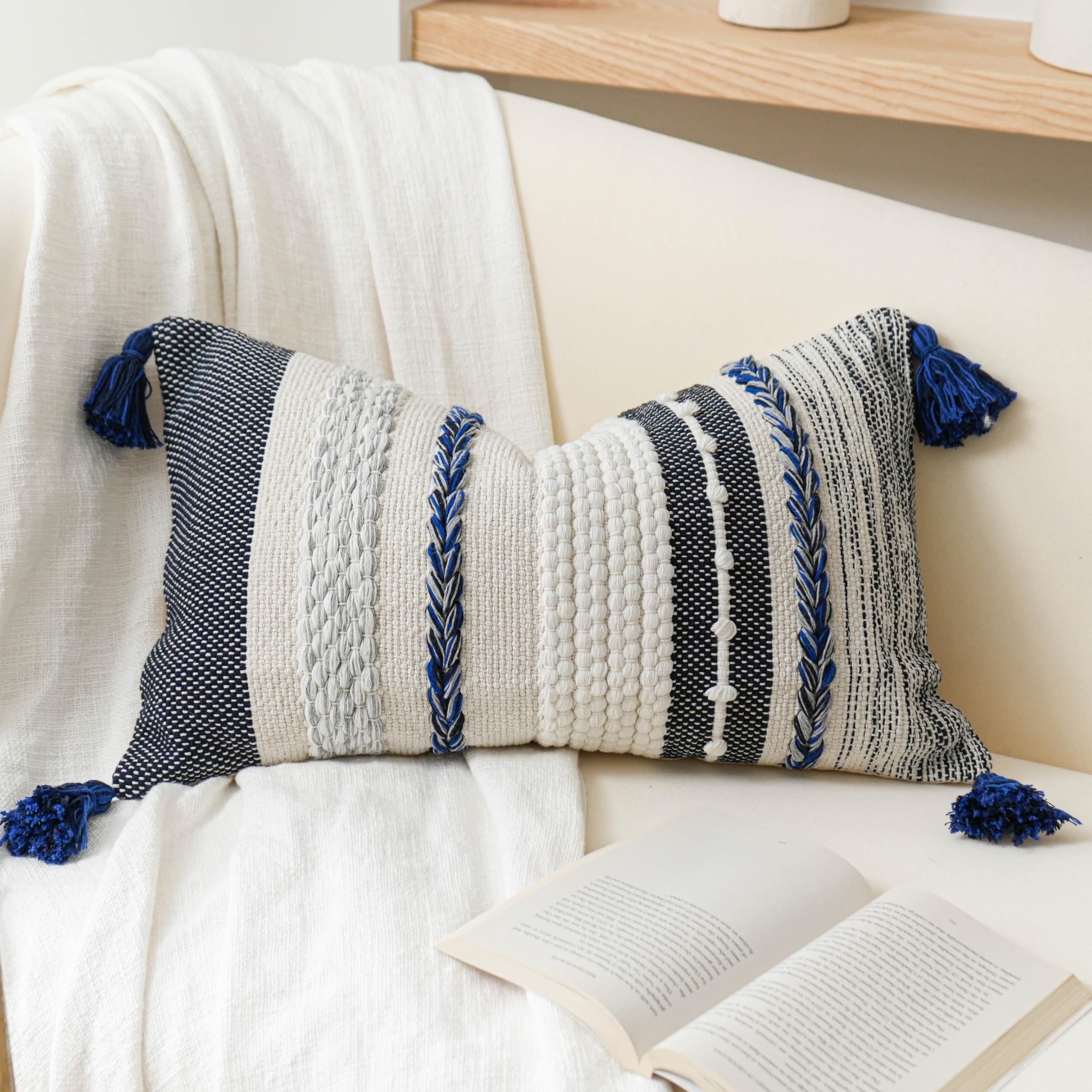 BlissBlush Coastal Blue Boho Decorative Throw Pillow Cover 22x22 Modern Bohemian Accent Pillow Case Square Woven Textured Farmhouse Pillows for Couch Bed (Pack of 1)