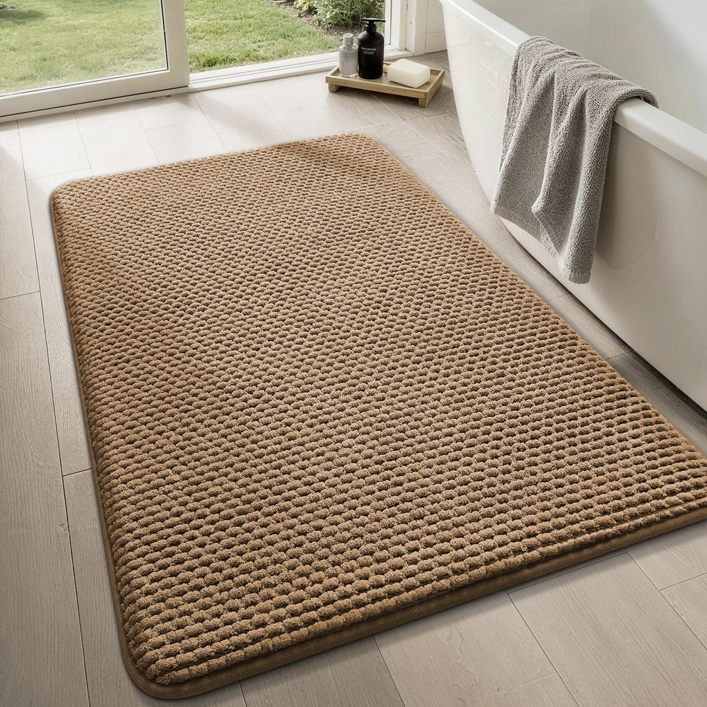 YIHOUSE Bathroom Rugs Set 5 Piece, Extra Soft Absorbent Chenille Bath Mats & U-Shaped Contour Toilet Rug, Non Slip Machine Washable Bath Mat for Shower Tub Sink, Beige
