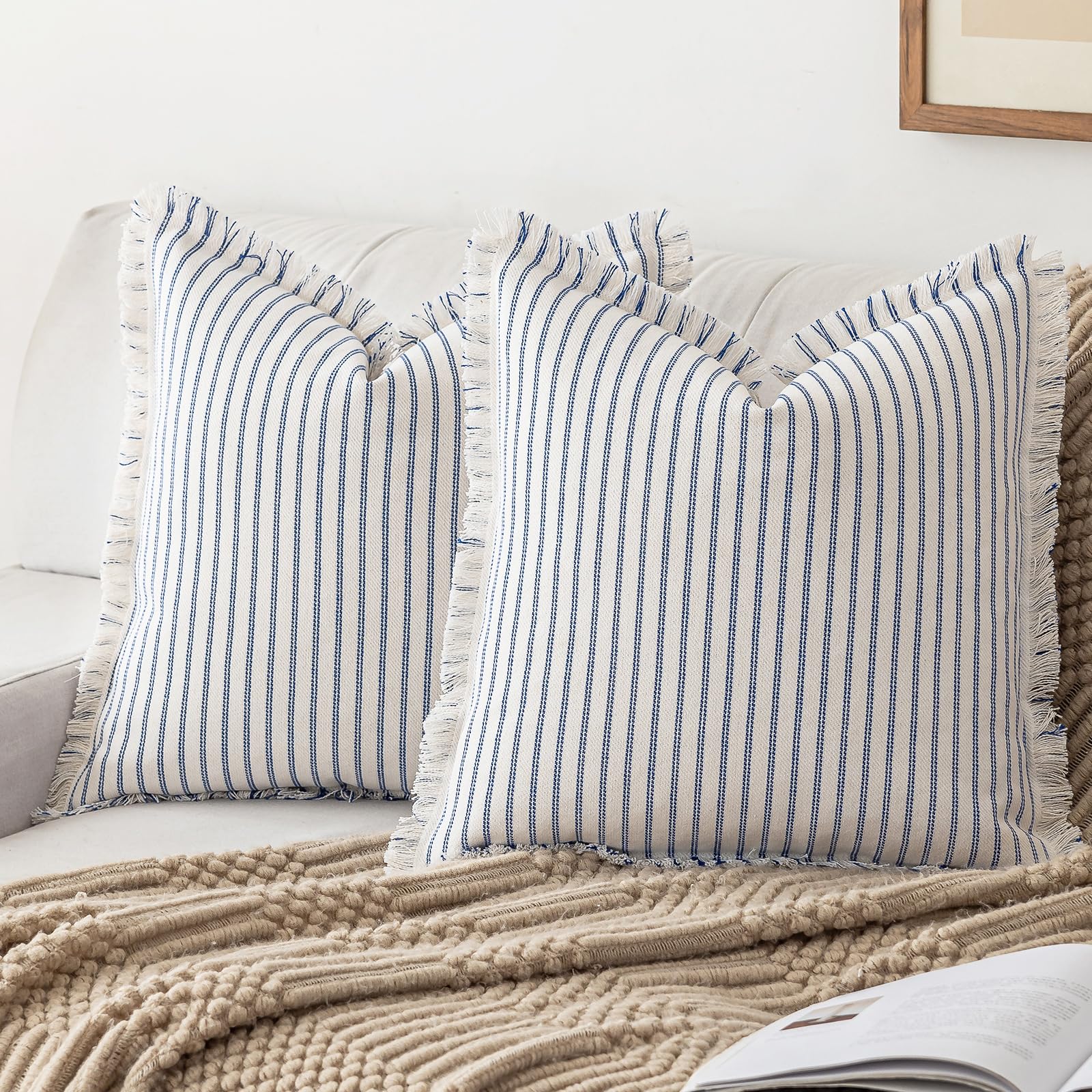 YEENAASY Throw Pillow Covers 24x24 Set of 2 Striped Fringe Pillow Cover Farmhouse Cushion Covers with Tassel Neutral Boho Pillows Decorative Square Pillowcase for Couch Sofa Bed, Khaki
