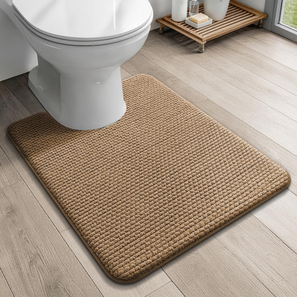 YIHOUSE Bathroom Rugs Set 5 Piece, Extra Soft Absorbent Chenille Bath Mats & U-Shaped Contour Toilet Rug, Non Slip Machine Washable Bath Mat for Shower Tub Sink, Beige