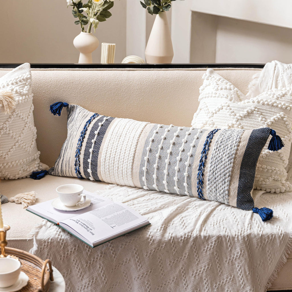 BlissBlush Coastal Blue Boho Decorative Throw Pillow Cover 22x22 Modern Bohemian Accent Pillow Case Square Woven Textured Farmhouse Pillows for Couch Bed (Pack of 1)