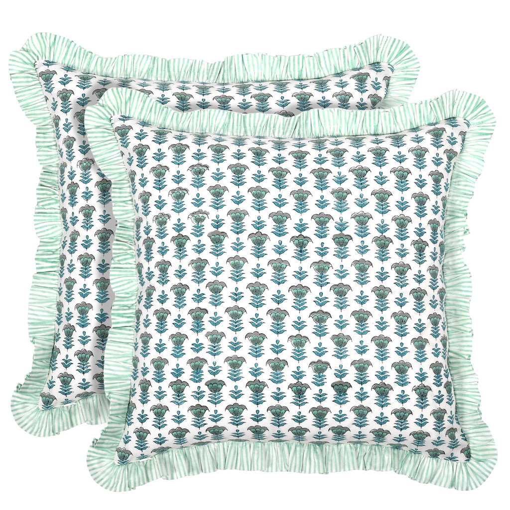 Ridhi Block Print Light Steel Blue Throw Pillow Cover 18" x 18" (Pack of 2) Decorative Cushion Covers with Ruffle for Couch, Sofa, Bed, Living Room, Home Decor Gift for Spring, Easter, Valentine