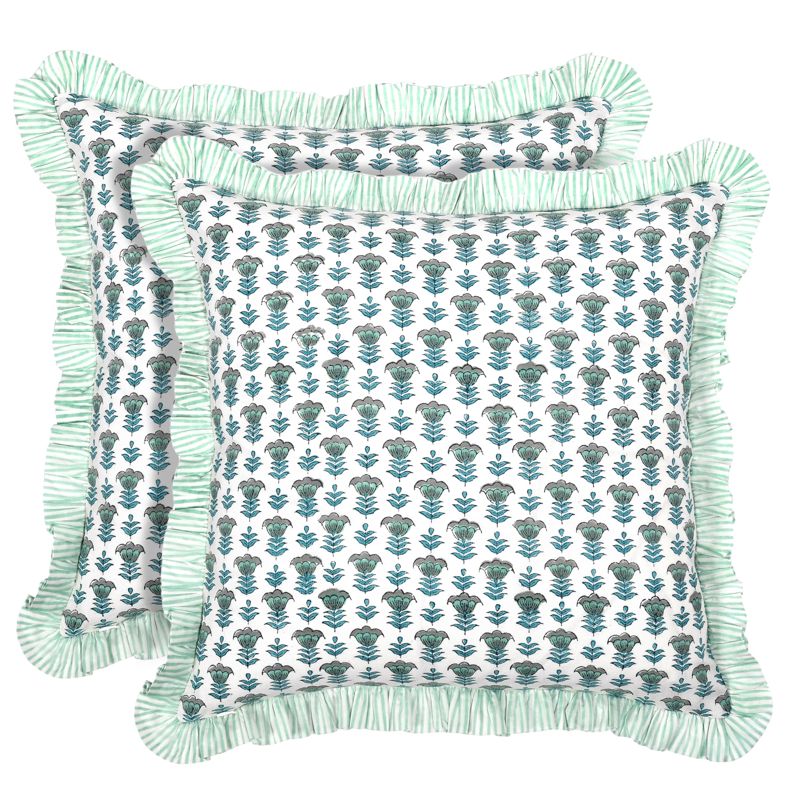 Ridhi Block Print Light Steel Blue Throw Pillow Cover 18" x 18" (Pack of 2) Decorative Cushion Covers with Ruffle for Couch, Sofa, Bed, Living Room, Home Decor Gift for Spring, Easter, Valentine