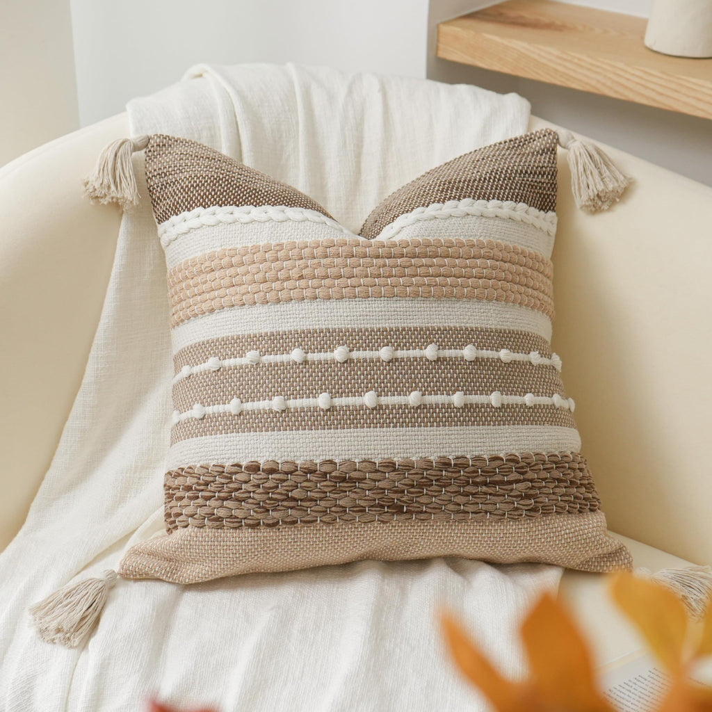 BlissBlush Coastal Blue Boho Decorative Throw Pillow Cover 22x22 Modern Bohemian Accent Pillow Case Square Woven Textured Farmhouse Pillows for Couch Bed (Pack of 1)