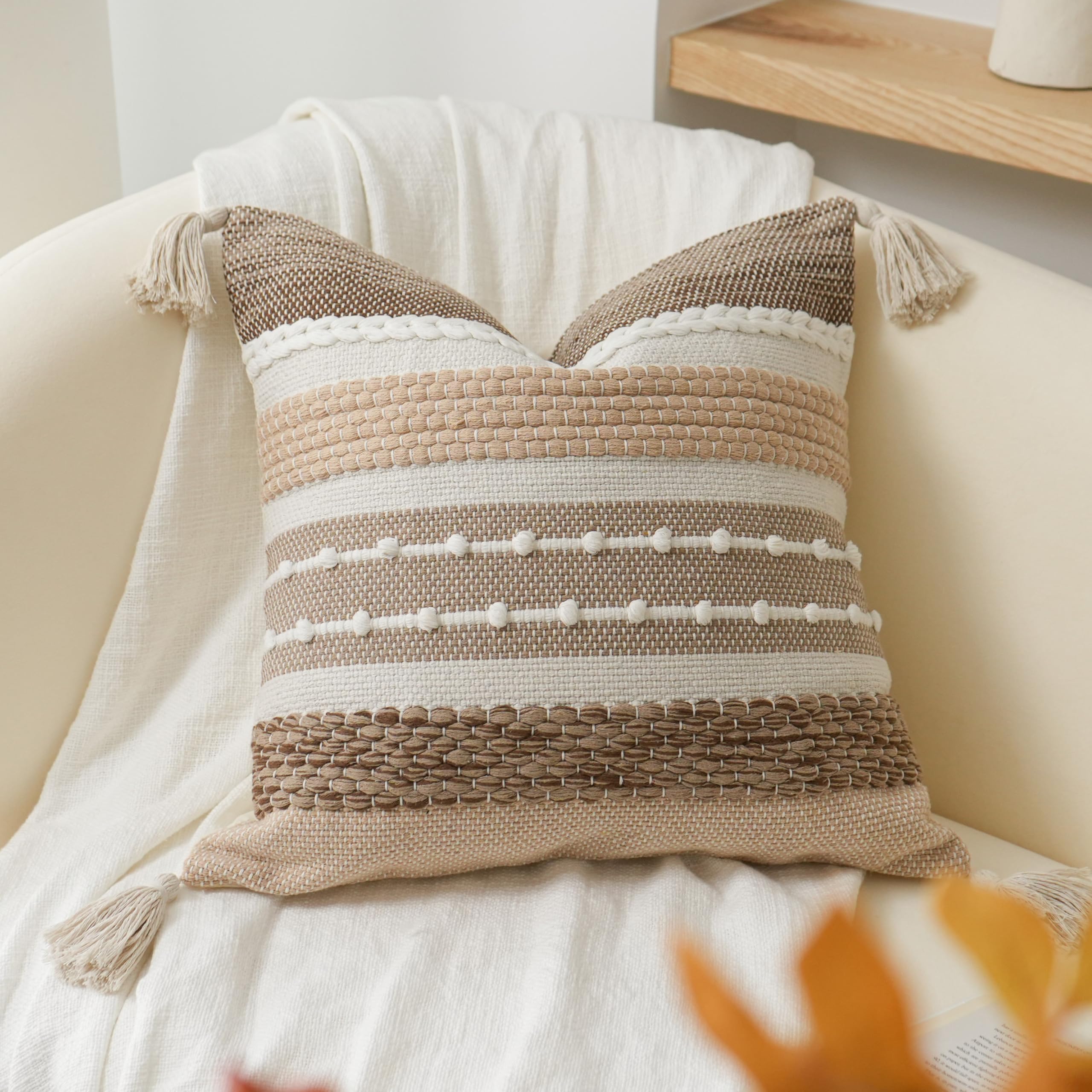 BlissBlush Coastal Blue Boho Decorative Throw Pillow Cover 22x22 Modern Bohemian Accent Pillow Case Square Woven Textured Farmhouse Pillows for Couch Bed (Pack of 1)