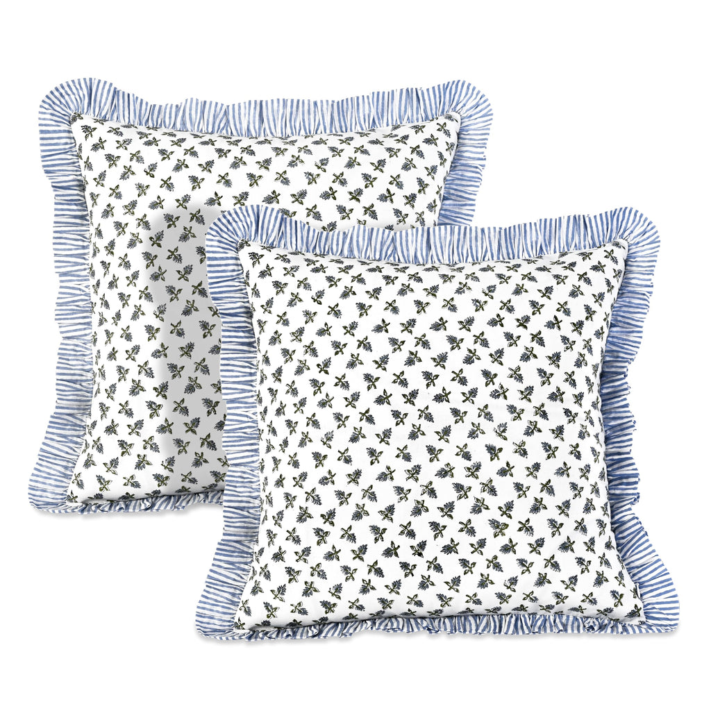 Ridhi Block Print Light Steel Blue Throw Pillow Cover 18" x 18" (Pack of 2) Decorative Cushion Covers with Ruffle for Couch, Sofa, Bed, Living Room, Home Decor Gift for Spring, Easter, Valentine