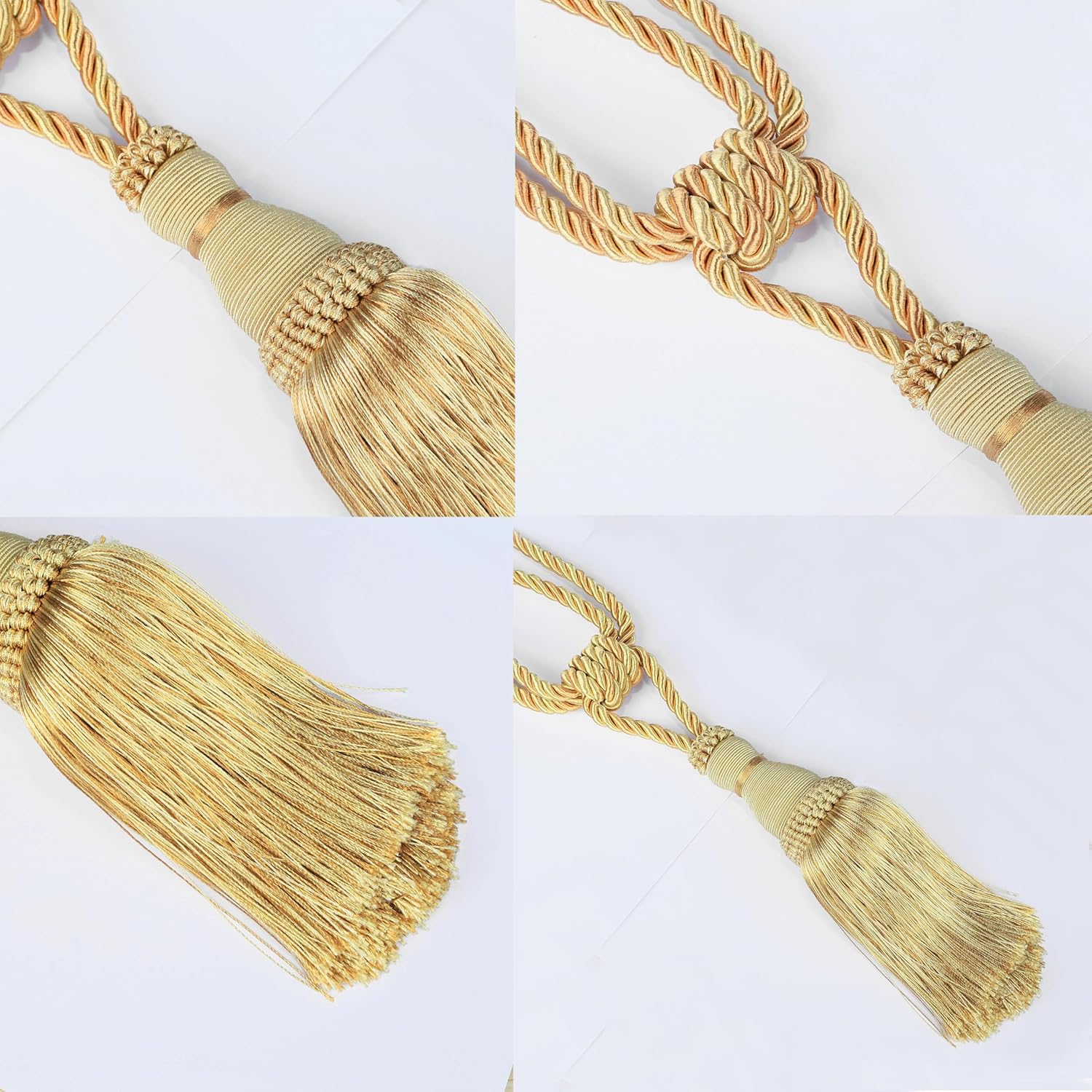 BEL AVENIR 2 Pack Curtain Tiebacks Tassel Drapery Tie-Backs Rope Handmade Holdbacks Home Office Hotel Decorative (Gold, 4 Pack)