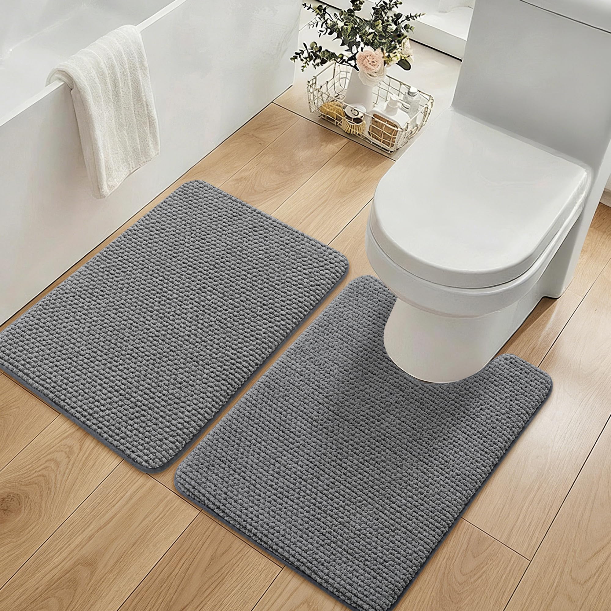 YIHOUSE Bathroom Rugs Set 5 Piece, Extra Soft Absorbent Chenille Bath Mats & U-Shaped Contour Toilet Rug, Non Slip Machine Washable Bath Mat for Shower Tub Sink, Beige