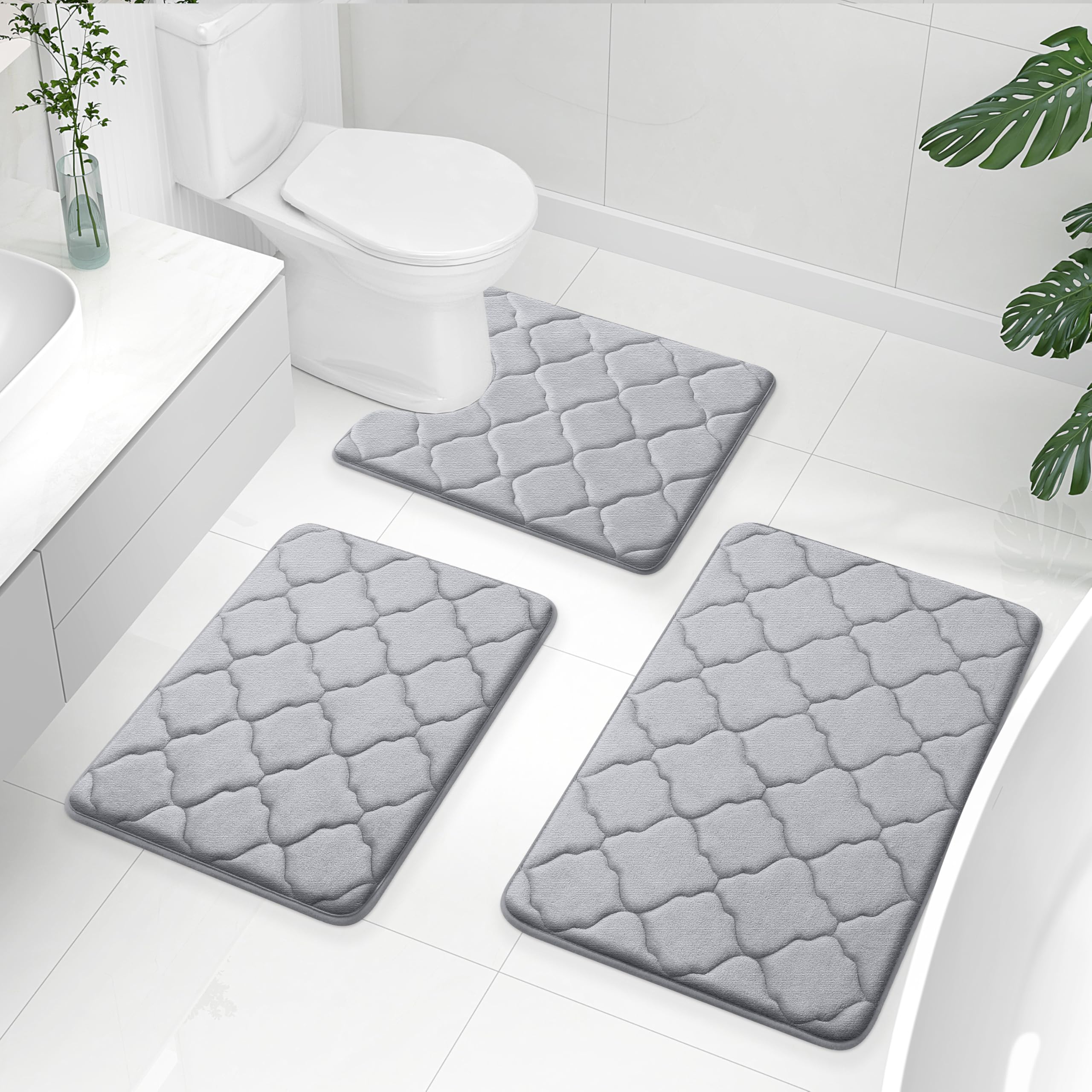 OLANLY Memory Foam Bath Mat Set of 3 Piece, Bathroom Rugs and Toilet Rug U-Shaped, Ultra Soft and Absorbent, Comfortable, Non-Slip, Machine Washable, Shower and Home Decor Accessories, Peacock Blue