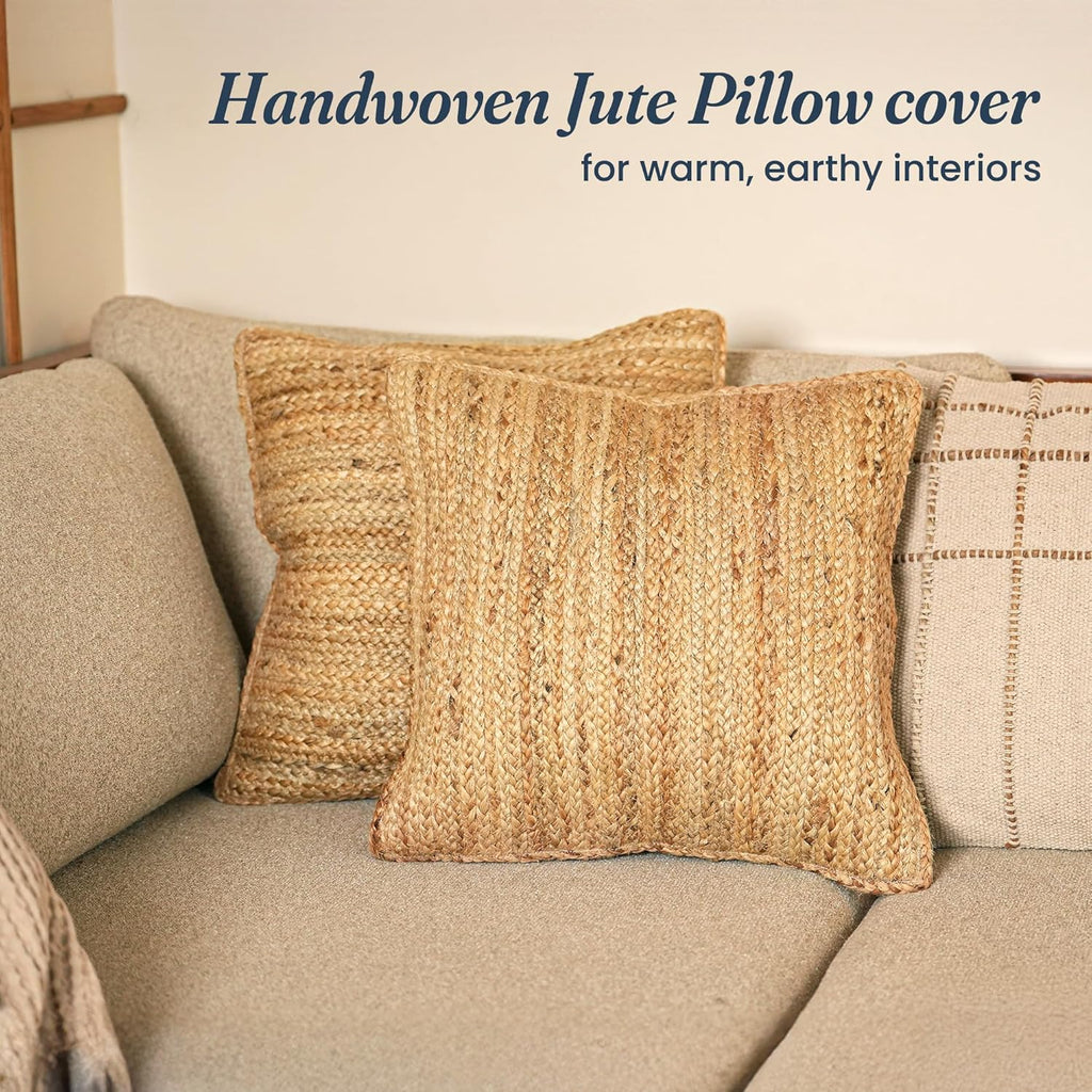 The Fine Living Co. Jute Pillow Covers 18x18 Set of 2, Braided Jute Throw Pillows, Indoor Outdoor Boho & Farmhouse Decor, Natural Decorative Cushion Covers for Couch, Living Room & Patio