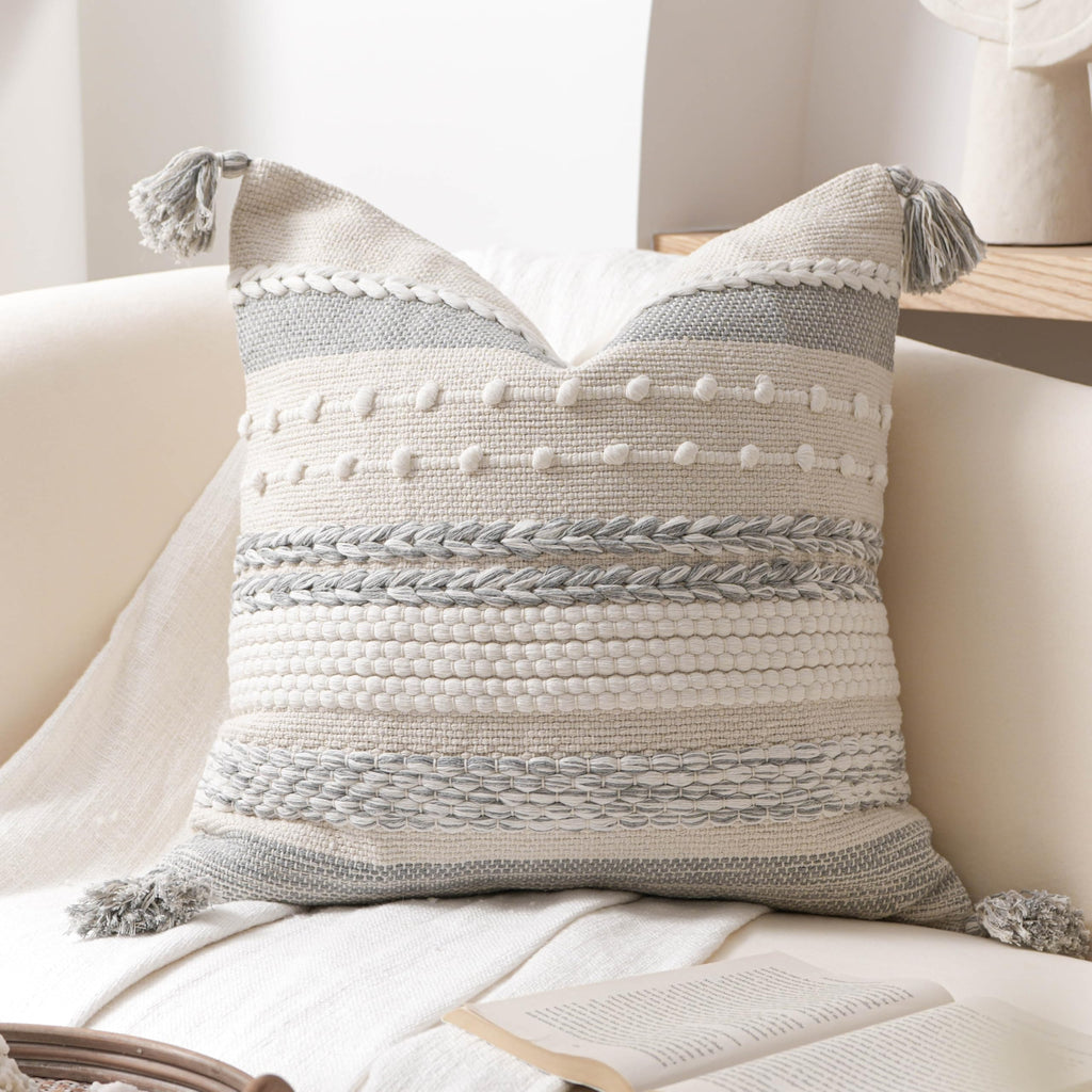 BlissBlush Coastal Blue Boho Decorative Throw Pillow Cover 22x22 Modern Bohemian Accent Pillow Case Square Woven Textured Farmhouse Pillows for Couch Bed (Pack of 1)