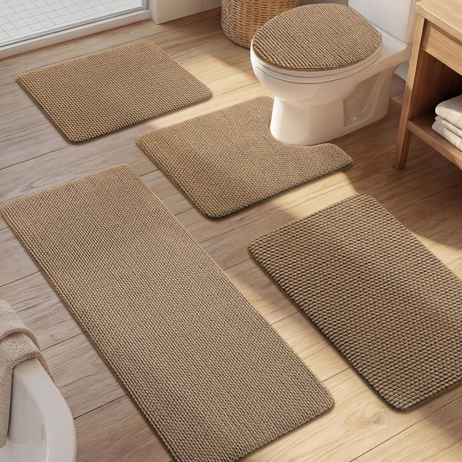 YIHOUSE Bathroom Rugs Set 5 Piece, Extra Soft Absorbent Chenille Bath Mats & U-Shaped Contour Toilet Rug, Non Slip Machine Washable Bath Mat for Shower Tub Sink, Beige