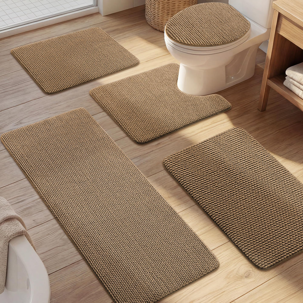 YIHOUSE Bathroom Rugs Set 5 Piece, Extra Soft Absorbent Chenille Bath Mats & U-Shaped Contour Toilet Rug, Non Slip Machine Washable Bath Mat for Shower Tub Sink, Beige