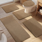 YIHOUSE Bathroom Rugs Set 5 Piece, Extra Soft Absorbent Chenille Bath Mats & U-Shaped Contour Toilet Rug, Non Slip Machine Washable Bath Mat for Shower Tub Sink, Beige