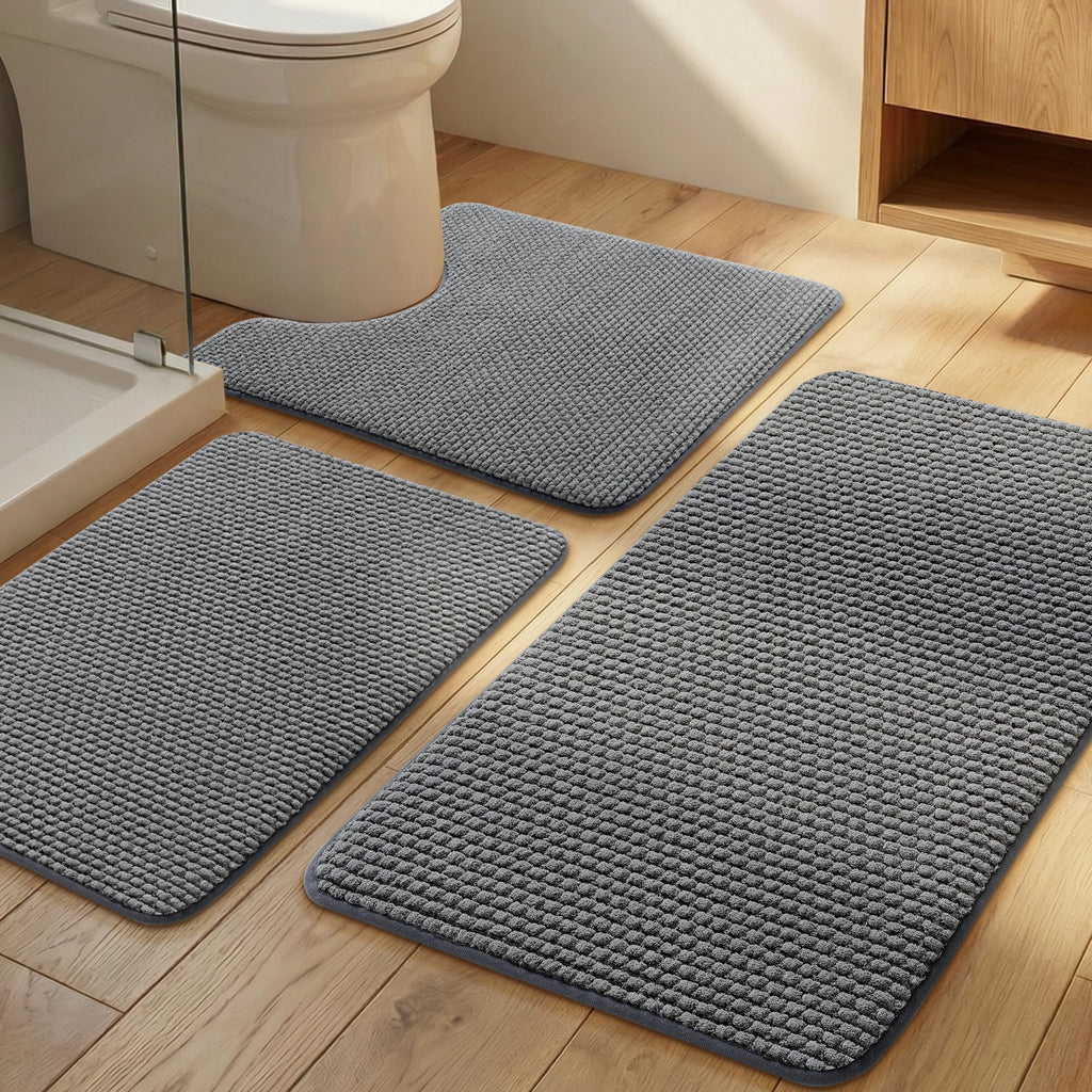 YIHOUSE Bathroom Rugs Set 5 Piece, Extra Soft Absorbent Chenille Bath Mats & U-Shaped Contour Toilet Rug, Non Slip Machine Washable Bath Mat for Shower Tub Sink, Beige