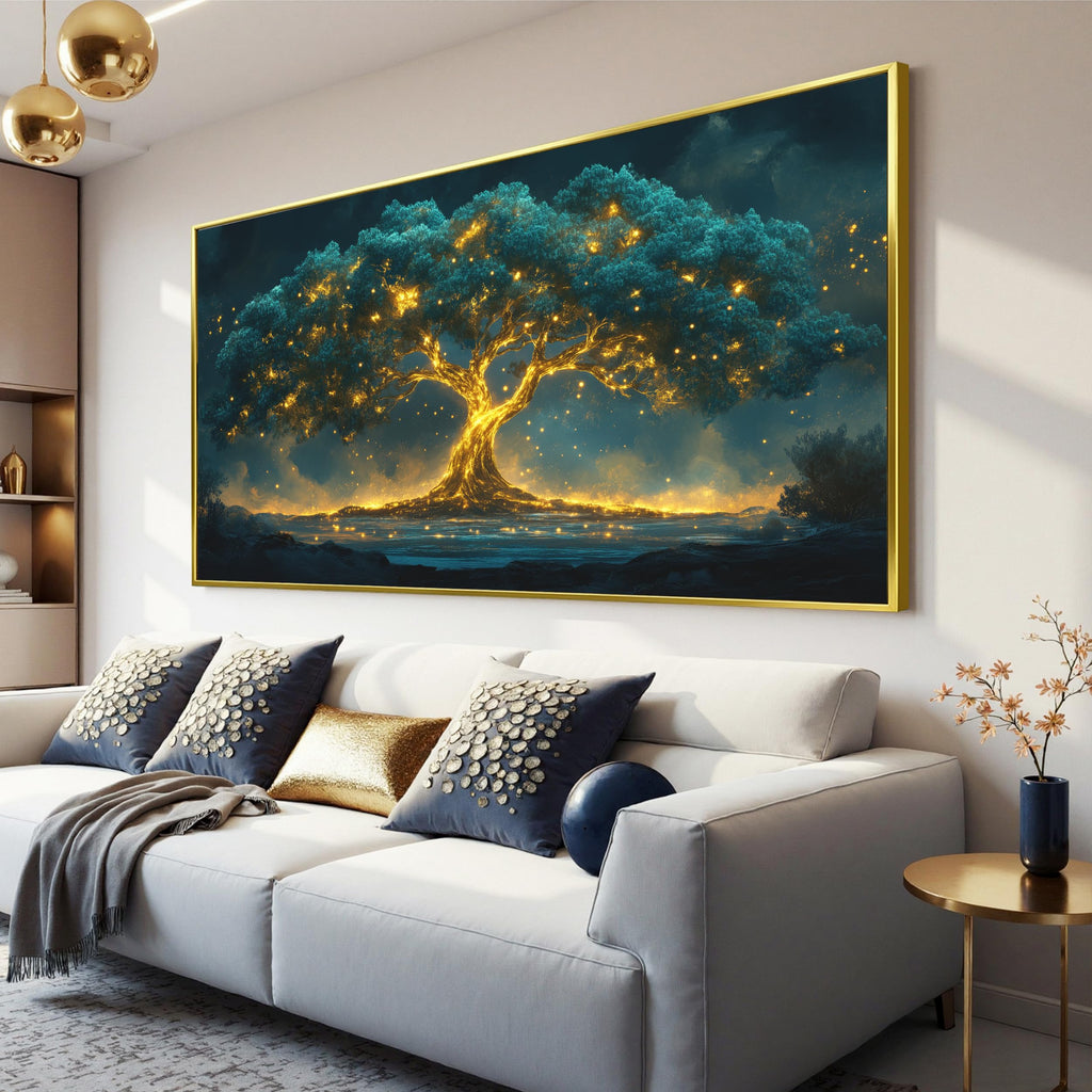 29"X58" Tree of Life Canvas Print, Green Gold Artwork for Home Wall Decoration