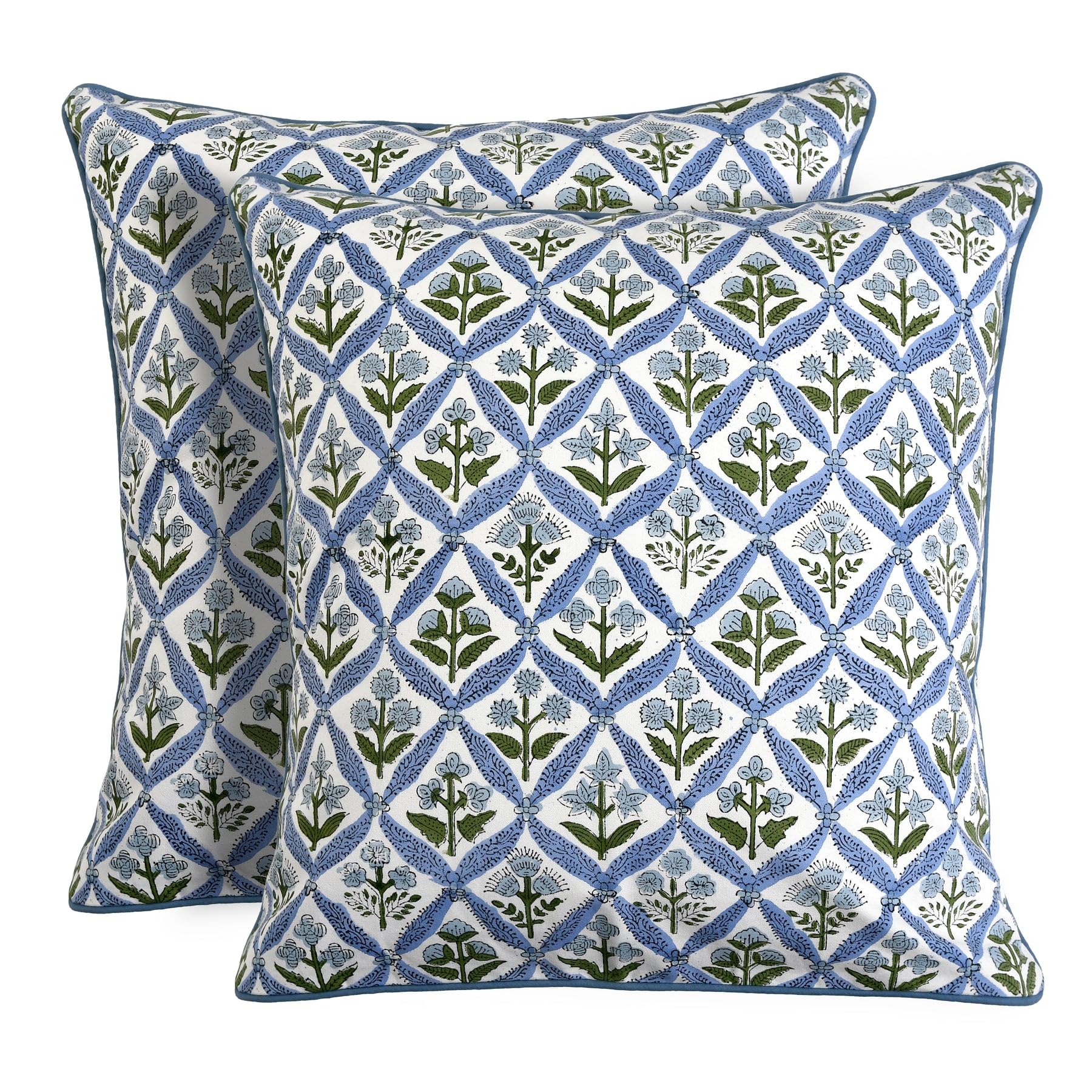 Ridhi Block Print Asparagus Green Pillow Cover 20" x 20" (Pack of 2) Decorative Couch Pillows for Living Room, Farmhouse Chic Boho Cute Outdoor Pillows Covers Gifts for Spring, Mother's Day