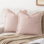 YEENAASY Throw Pillow Covers 24x24 Set of 2 Striped Fringe Pillow Cover Farmhouse Cushion Covers with Tassel Neutral Boho Pillows Decorative Square Pillowcase for Couch Sofa Bed, Khaki