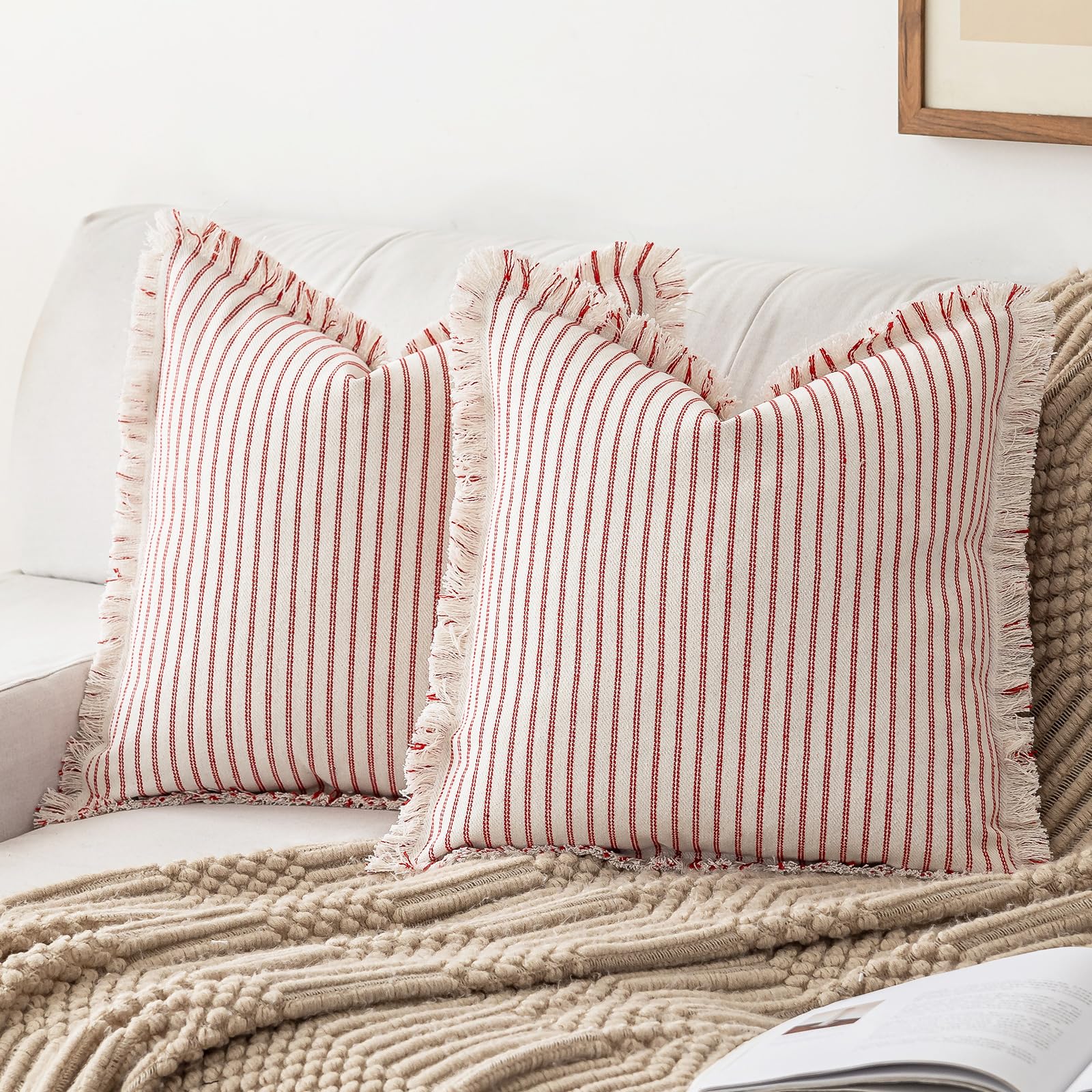 YEENAASY Throw Pillow Covers 24x24 Set of 2 Striped Fringe Pillow Cover Farmhouse Cushion Covers with Tassel Neutral Boho Pillows Decorative Square Pillowcase for Couch Sofa Bed, Khaki