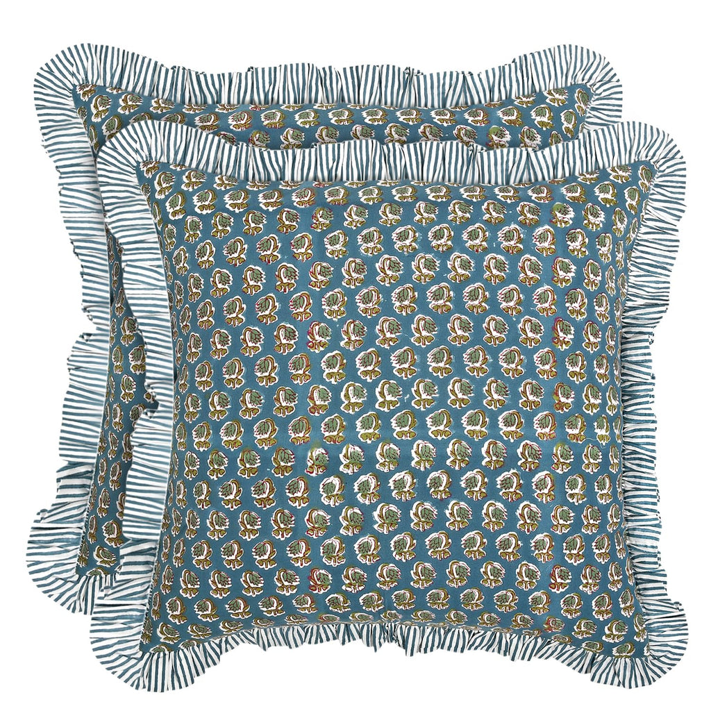 Ridhi Block Print Light Steel Blue Throw Pillow Cover 18" x 18" (Pack of 2) Decorative Cushion Covers with Ruffle for Couch, Sofa, Bed, Living Room, Home Decor Gift for Spring, Easter, Valentine