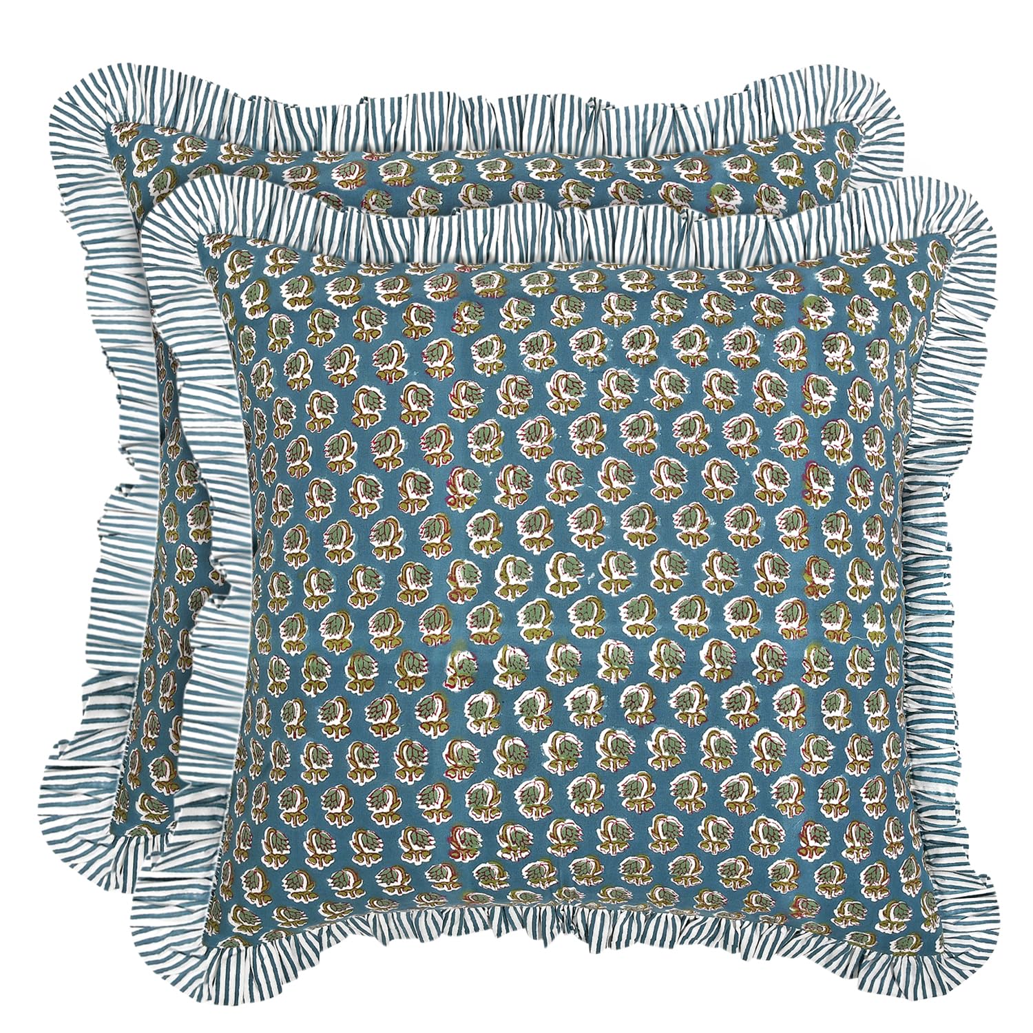 Ridhi Block Print Light Steel Blue Throw Pillow Cover 18" x 18" (Pack of 2) Decorative Cushion Covers with Ruffle for Couch, Sofa, Bed, Living Room, Home Decor Gift for Spring, Easter, Valentine