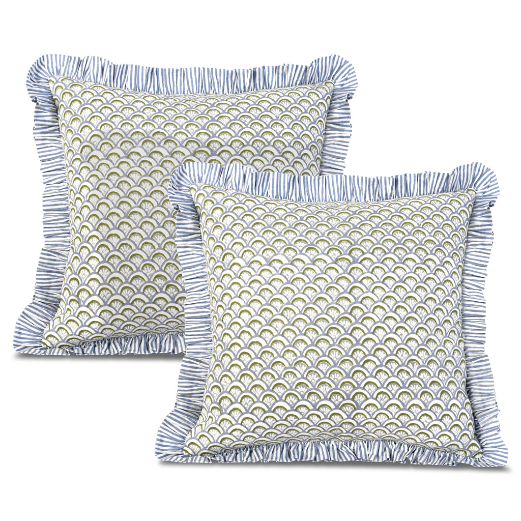 Ridhi Block Print Light Steel Blue Throw Pillow Cover 18" x 18" (Pack of 2) Decorative Cushion Covers with Ruffle for Couch, Sofa, Bed, Living Room, Home Decor Gift for Spring, Easter, Valentine
