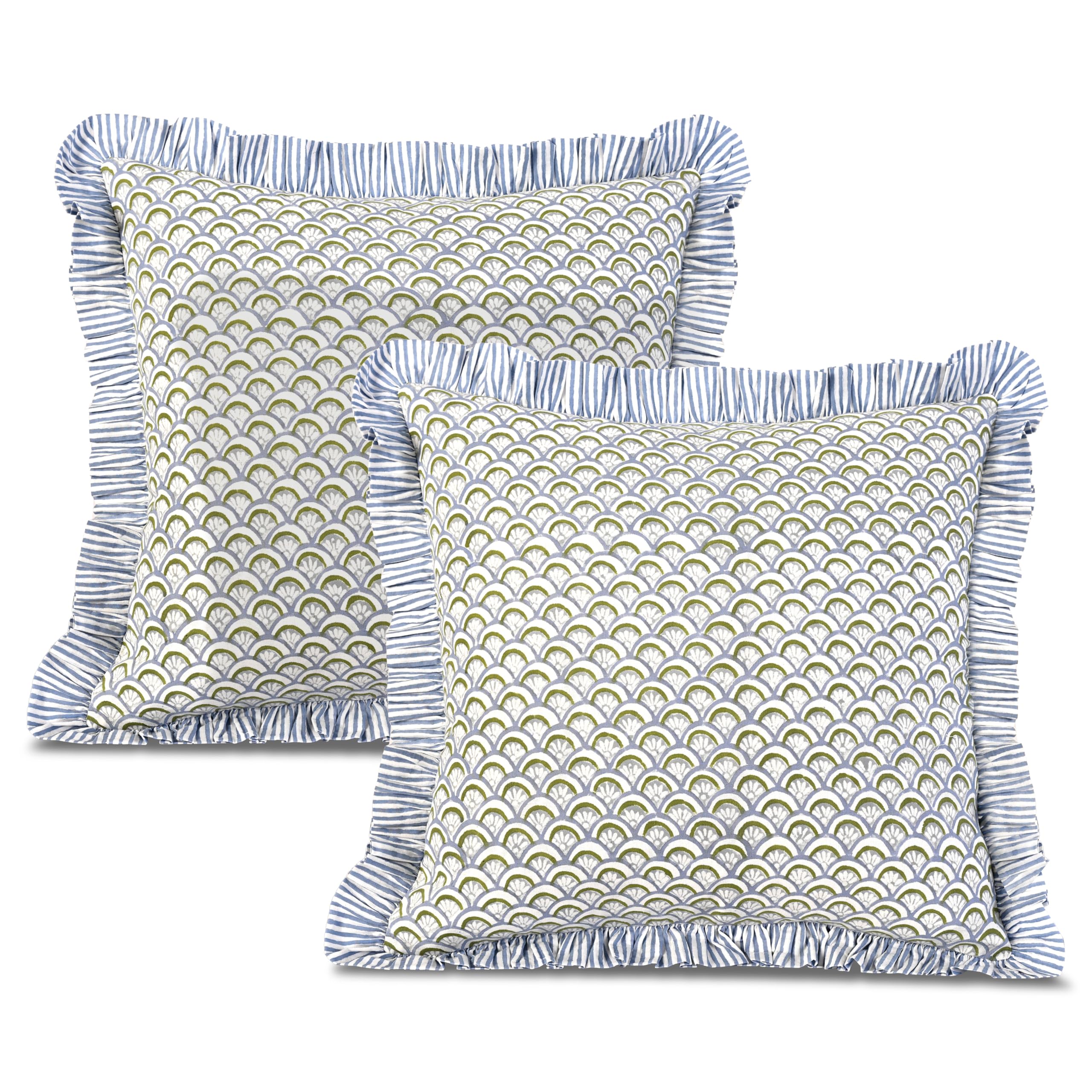 Ridhi Block Print Light Steel Blue Throw Pillow Cover 18" x 18" (Pack of 2) Decorative Cushion Covers with Ruffle for Couch, Sofa, Bed, Living Room, Home Decor Gift for Spring, Easter, Valentine