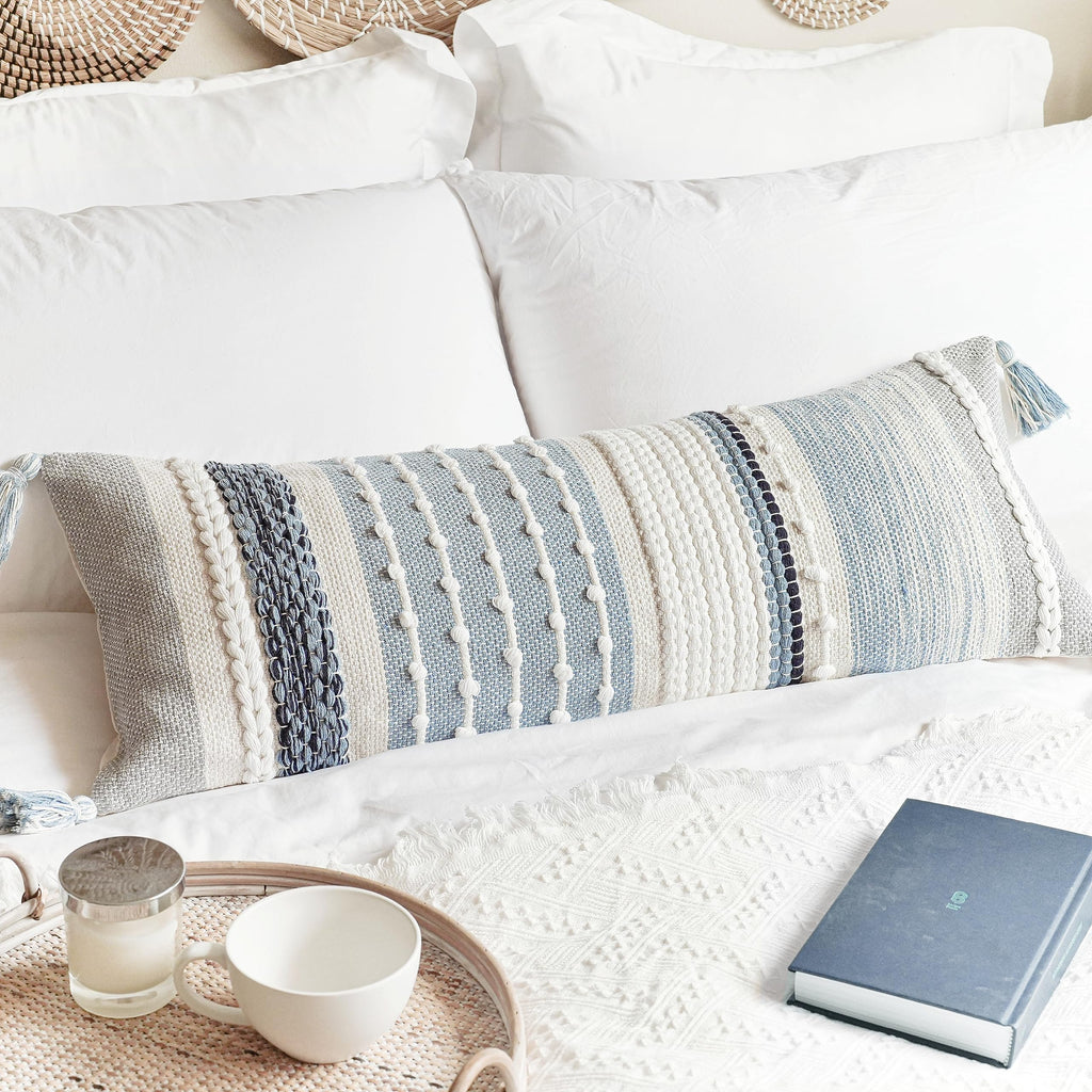 BlissBlush Coastal Blue Boho Decorative Throw Pillow Cover 22x22 Modern Bohemian Accent Pillow Case Square Woven Textured Farmhouse Pillows for Couch Bed (Pack of 1)