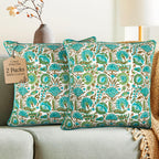 CPC 100% Cotton Throw Pillow Covers 20x20 Inch, Set of 2 Green Block Print Pattern Couch Pillow, Cute Boho Decorative Pillows for Living Room, Bedroom with Hidden Zipper- Agate Green