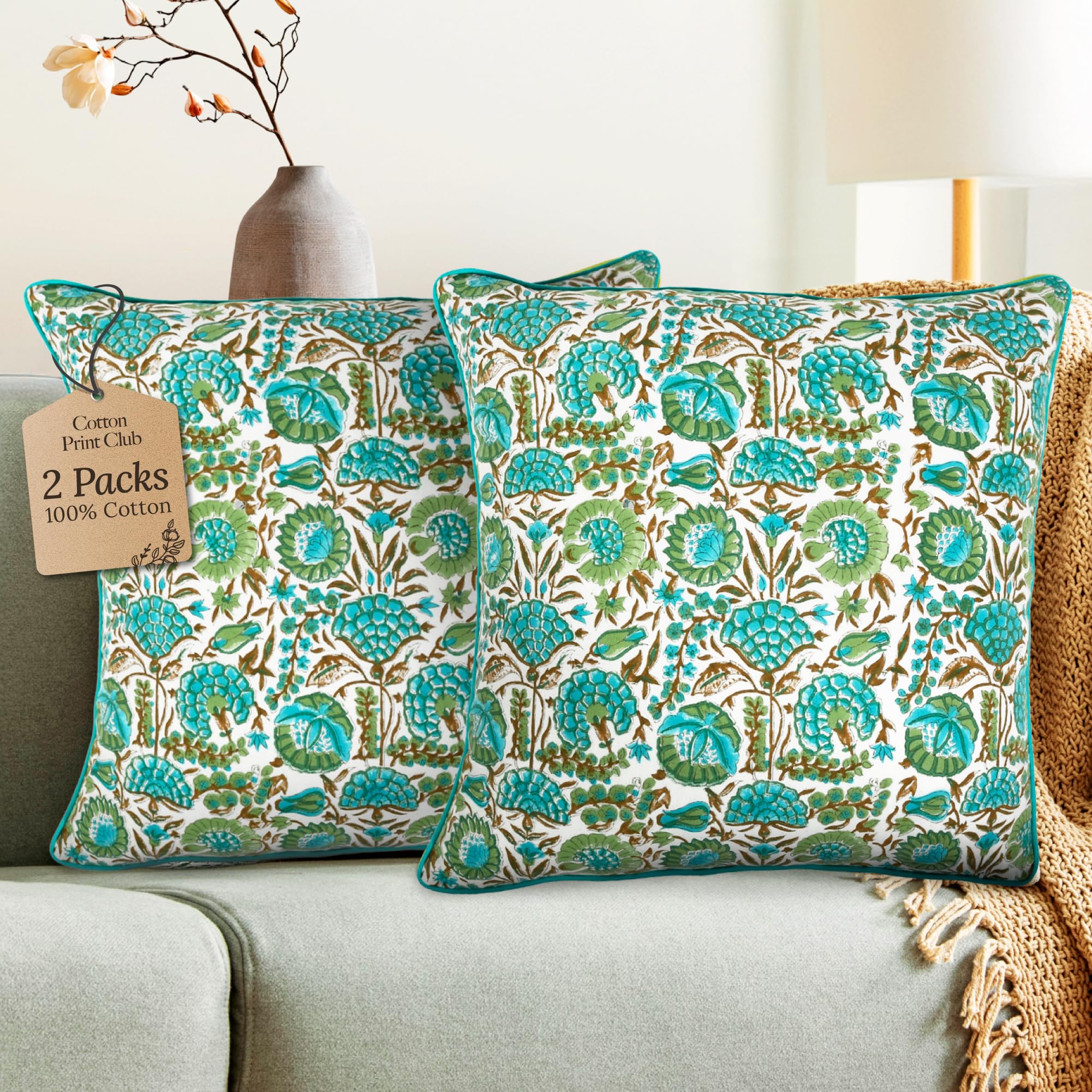 CPC 100% Cotton Throw Pillow Covers 20x20 Inch, Set of 2 Green Block Print Pattern Couch Pillow, Cute Boho Decorative Pillows for Living Room, Bedroom with Hidden Zipper- Olive Green