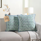 CPC 100% Cotton Throw Pillow Covers 20x20 Inch, Set of 2 Green Block Print Pattern Couch Pillow, Cute Boho Decorative Pillows for Living Room, Bedroom with Hidden Zipper- Royal Blue