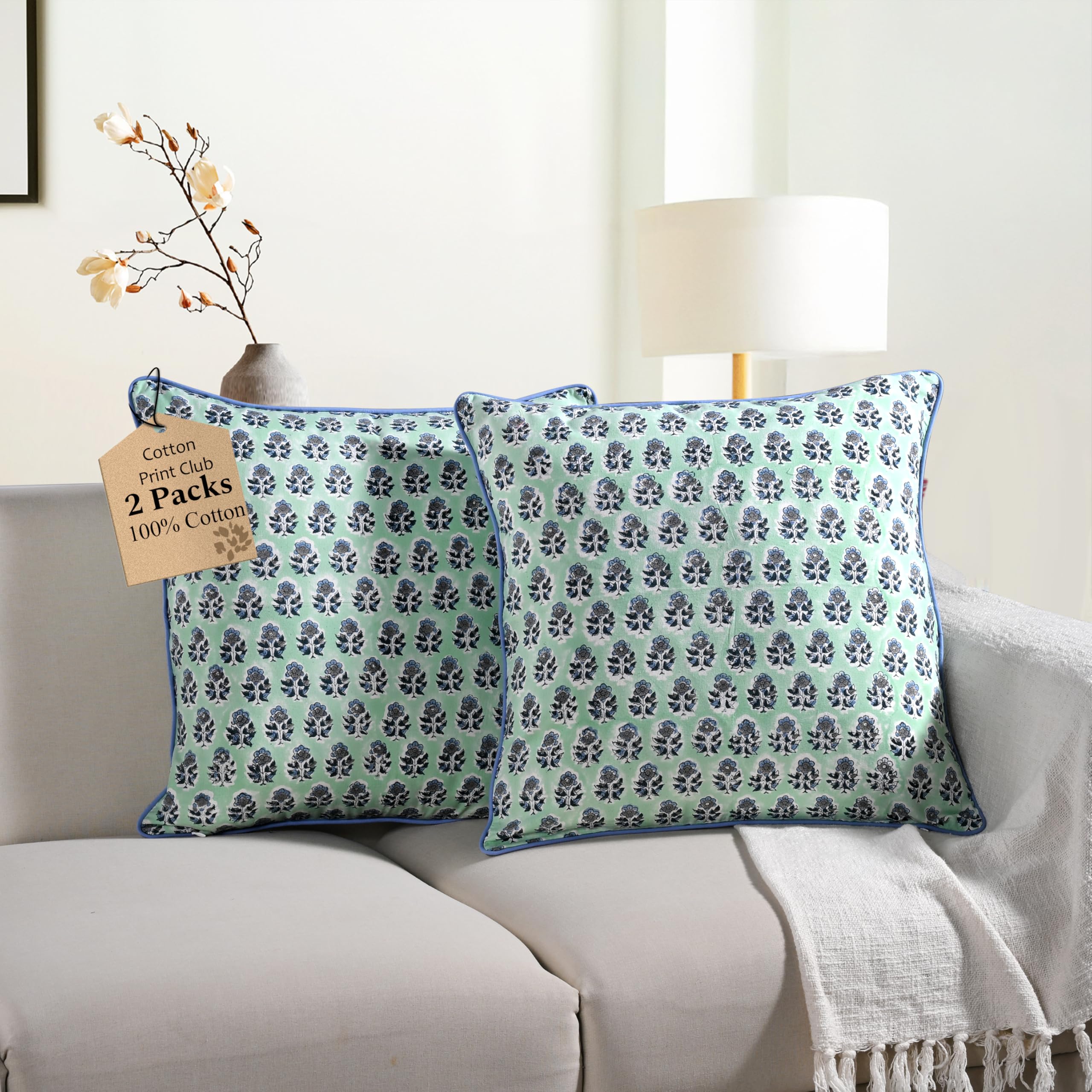 CPC 100% Cotton Throw Pillow Covers 20x20 Inch, Set of 2 Green Block Print Pattern Couch Pillow, Cute Boho Decorative Pillows for Living Room, Bedroom with Hidden Zipper- Royal Blue