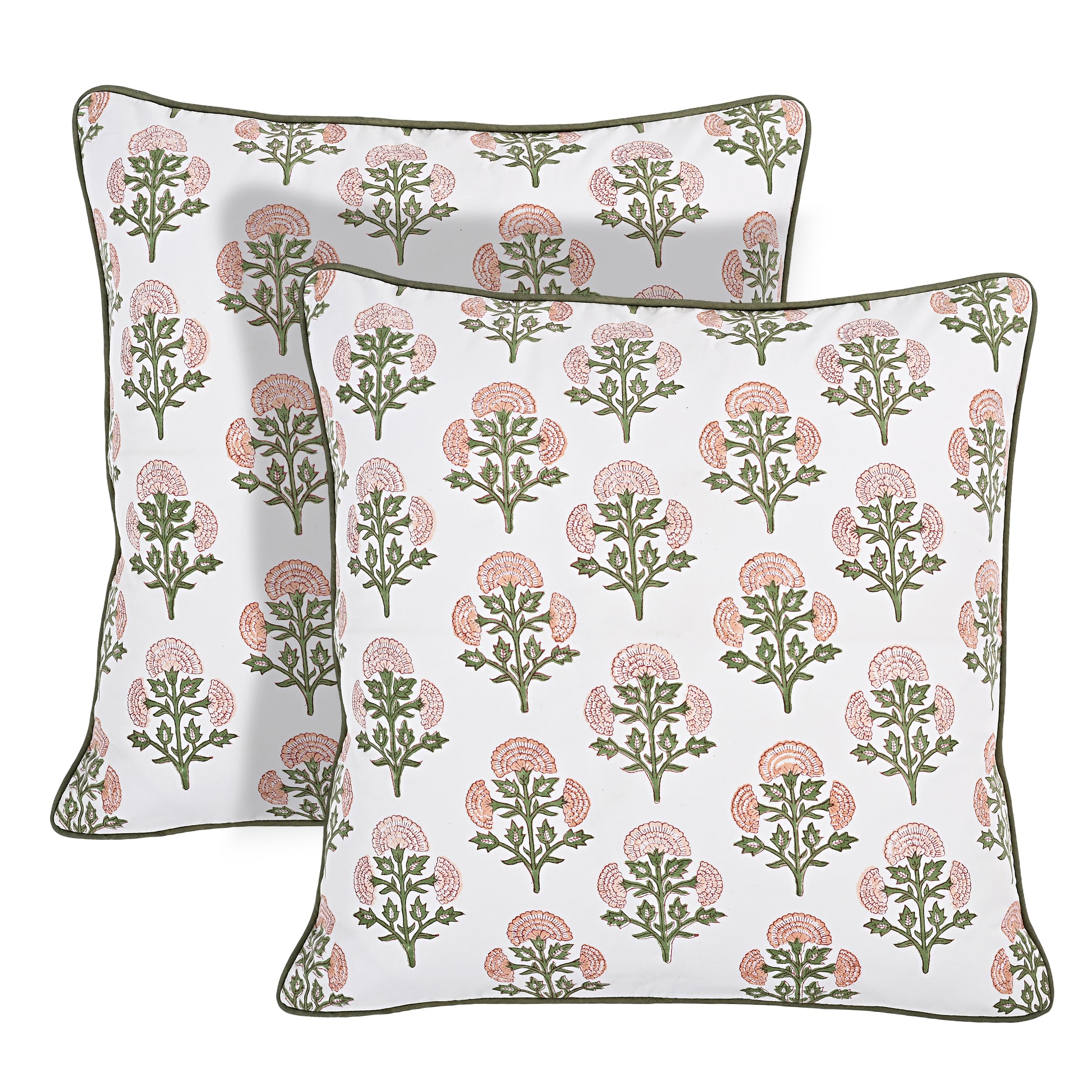 Ridhi Block Print Asparagus Green Pillow Cover 20" x 20" (Pack of 2) Decorative Couch Pillows for Living Room, Farmhouse Chic Boho Cute Outdoor Pillows Covers Gifts for Spring, Mother's Day