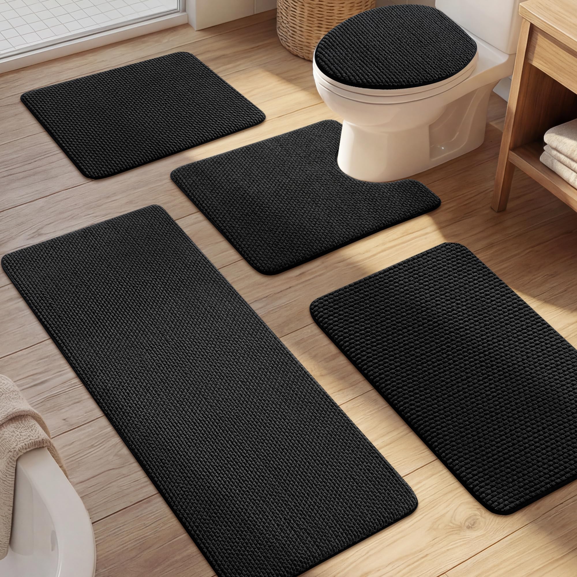 YIHOUSE Bathroom Rugs Set 5 Piece, Extra Soft Absorbent Chenille Bath Mats & U-Shaped Contour Toilet Rug, Non Slip Machine Washable Bath Mat for Shower Tub Sink, Beige
