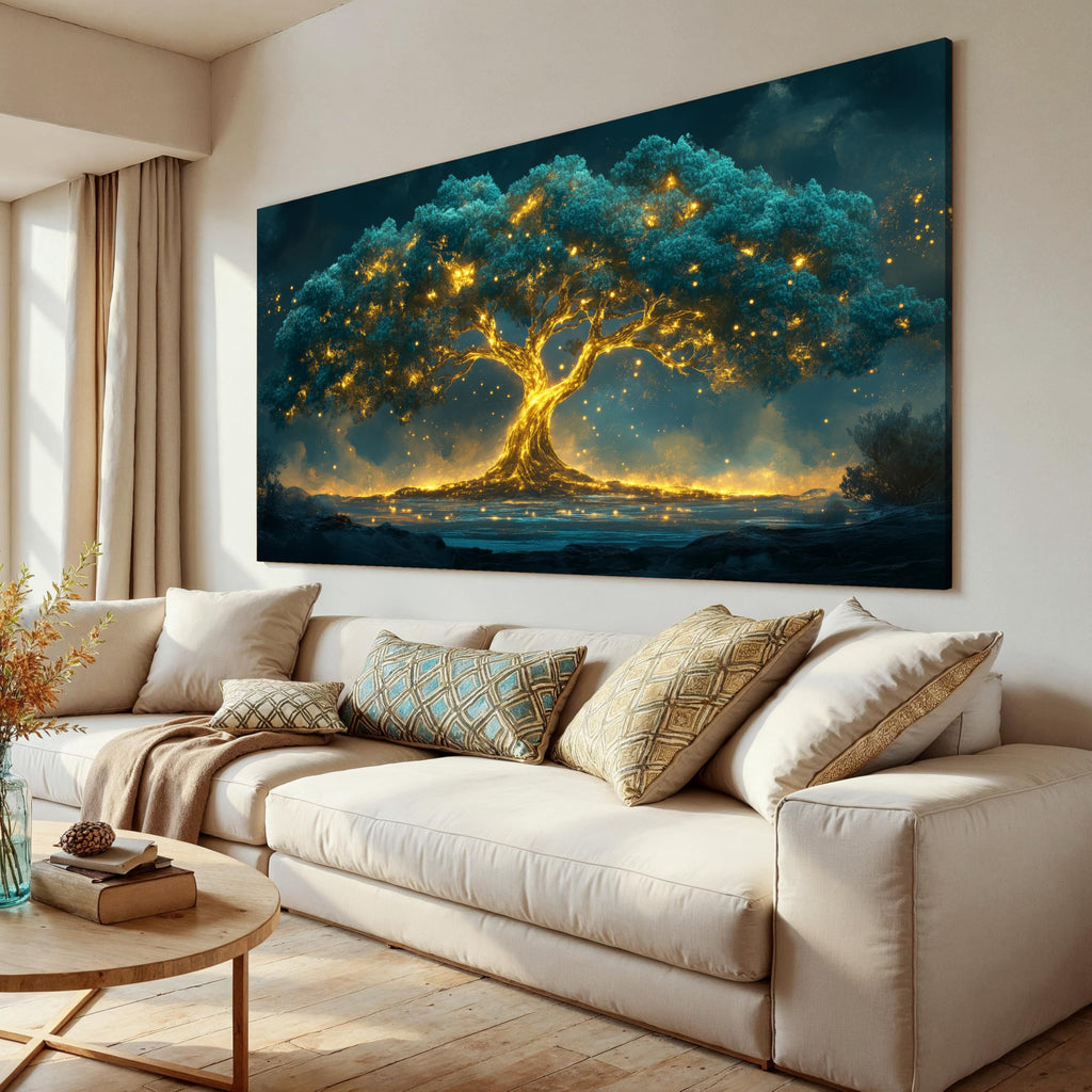 29"X58" Tree of Life Canvas Print, Green Gold Artwork for Home Wall Decoration