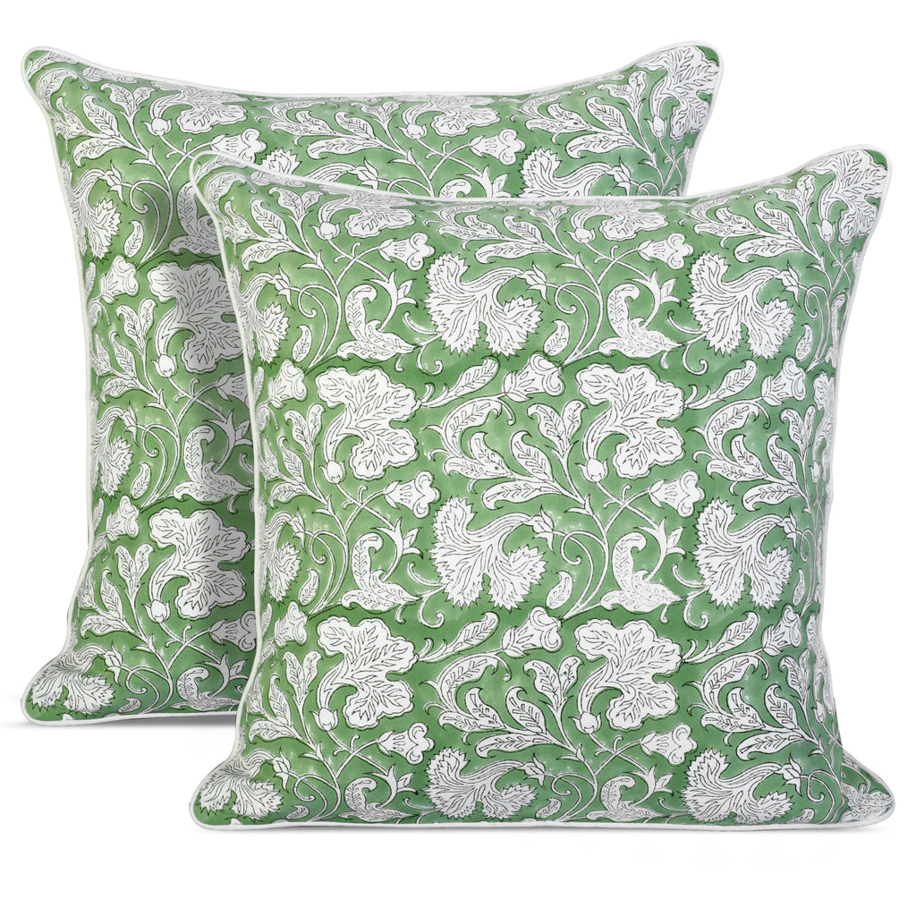 Ridhi Block Print Asparagus Green Pillow Cover 20" x 20" (Pack of 2) Decorative Couch Pillows for Living Room, Farmhouse Chic Boho Cute Outdoor Pillows Covers Gifts for Spring, Mother's Day
